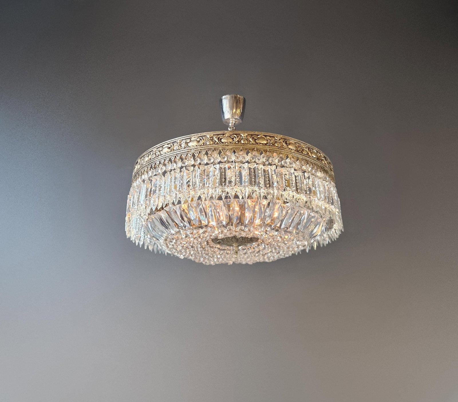 Antique Restored Baroque Crystal Plafonnier Brass Ceiling Chandelier - 5