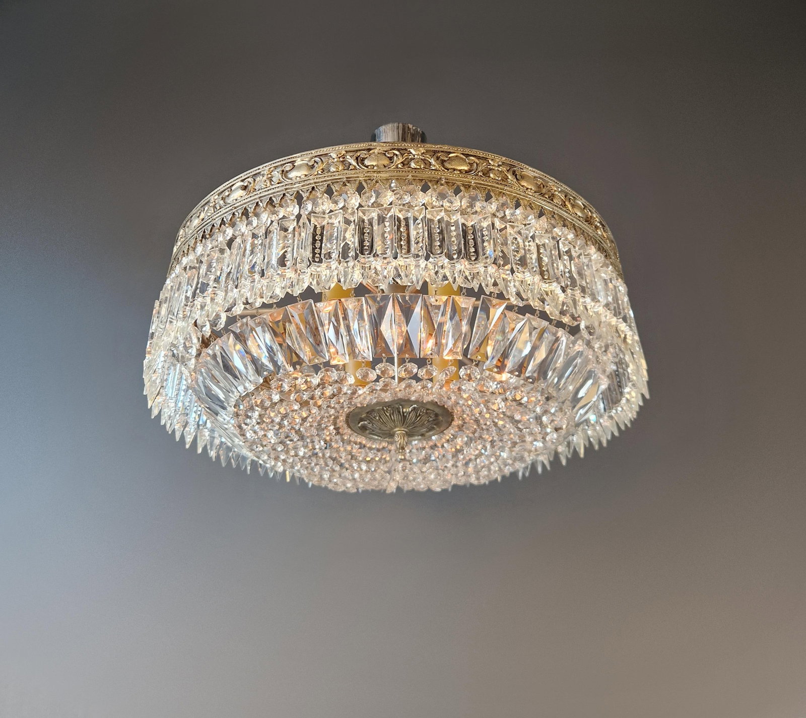 Antique Restored Baroque Crystal Plafonnier Brass Ceiling Chandelier - 6