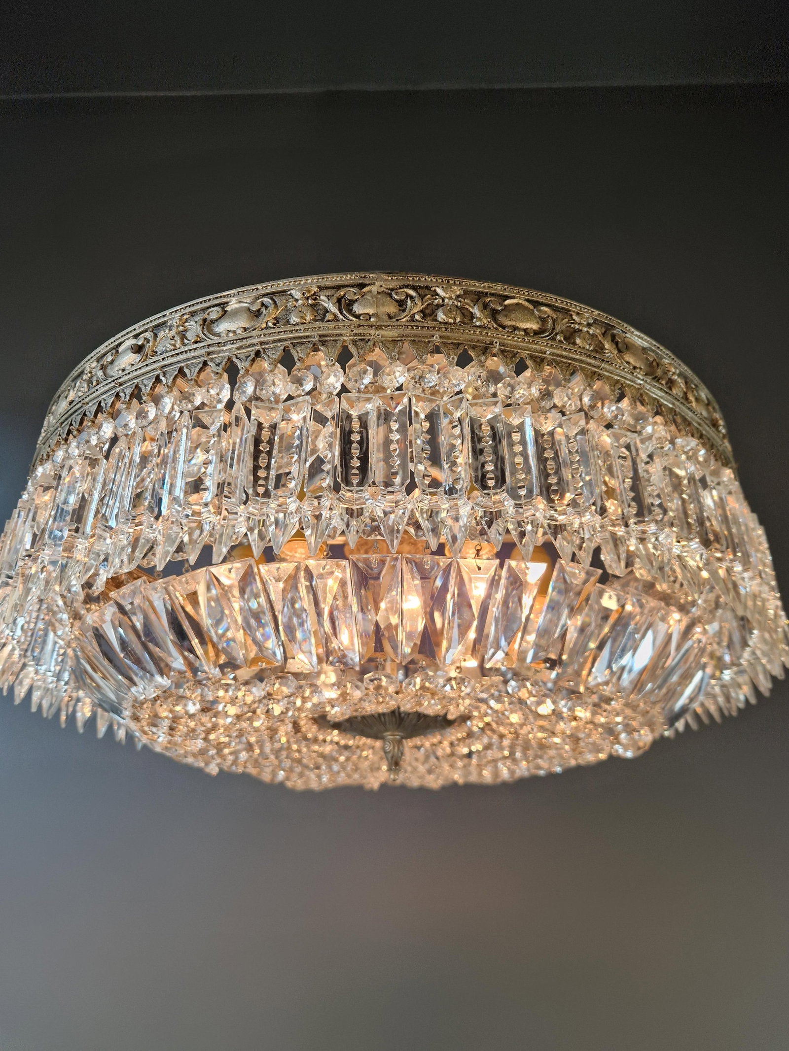 Antique Restored Baroque Crystal Plafonnier Brass Ceiling Chandelier - 7