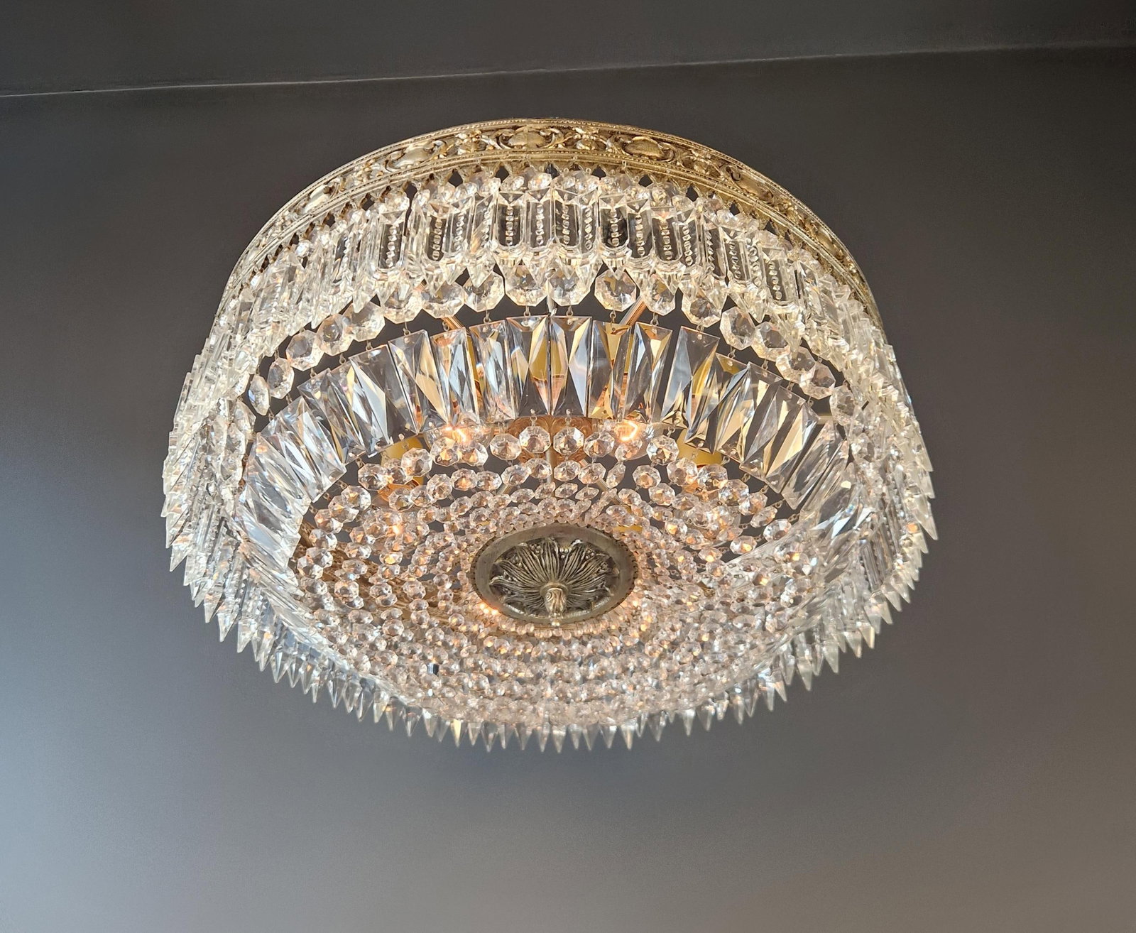 Antique Restored Baroque Crystal Plafonnier Brass Ceiling Chandelier - 8