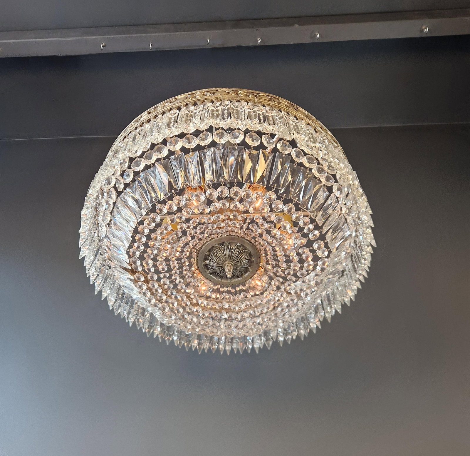 Antique Restored Baroque Crystal Plafonnier Brass Ceiling Chandelier - 9