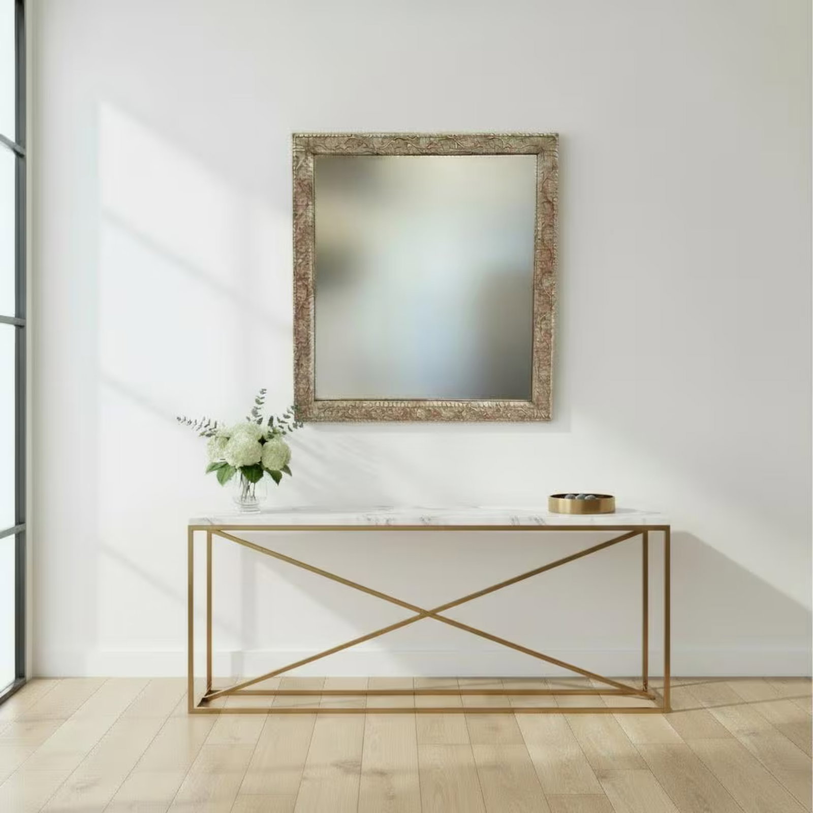 1980s Large Hand Carved Floral Wood Wall Mirror for Entryway | Distressed White Farmhouse Vanity Acc - 2