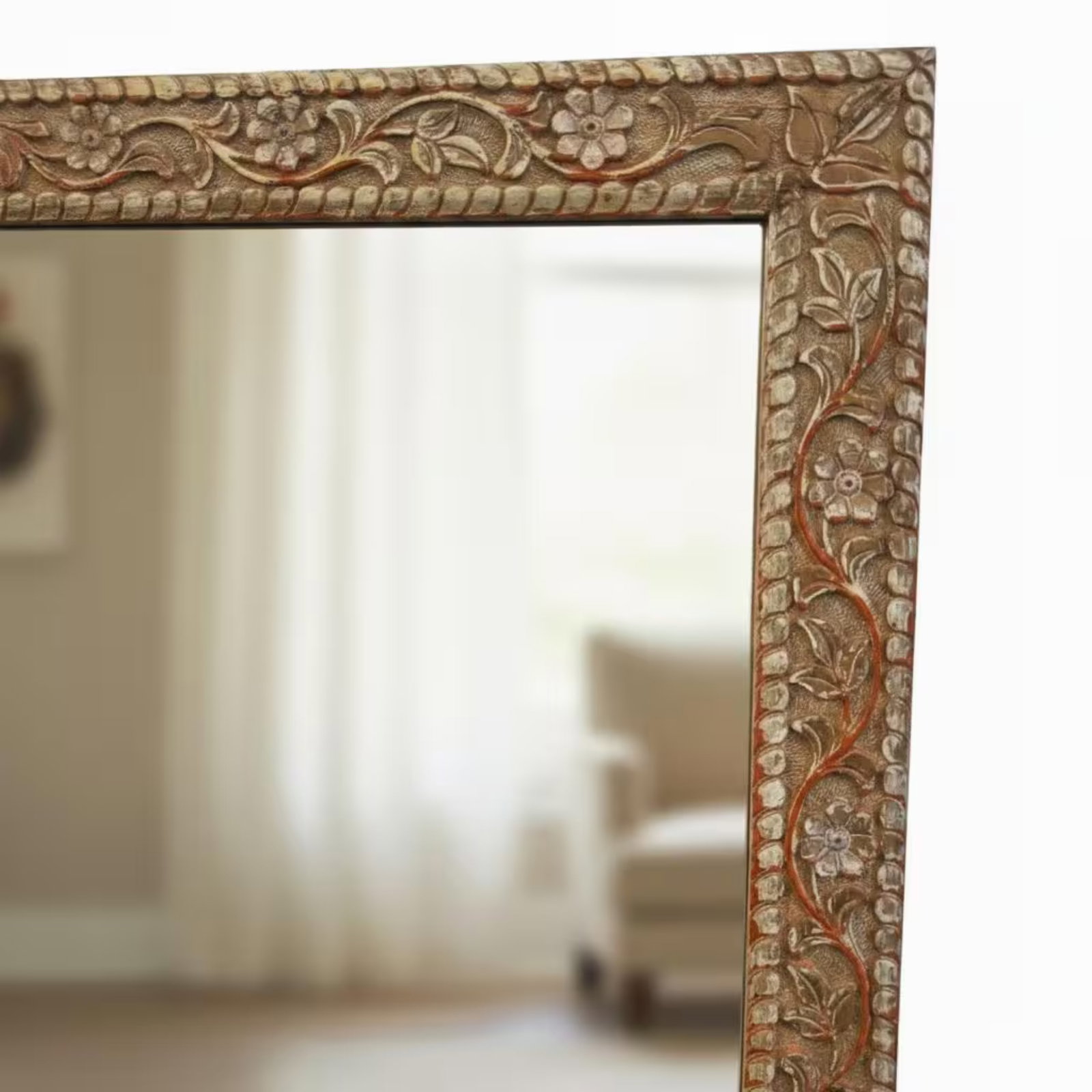 1980s Large Hand Carved Floral Wood Wall Mirror for Entryway | Distressed White Farmhouse Vanity Acc - 3