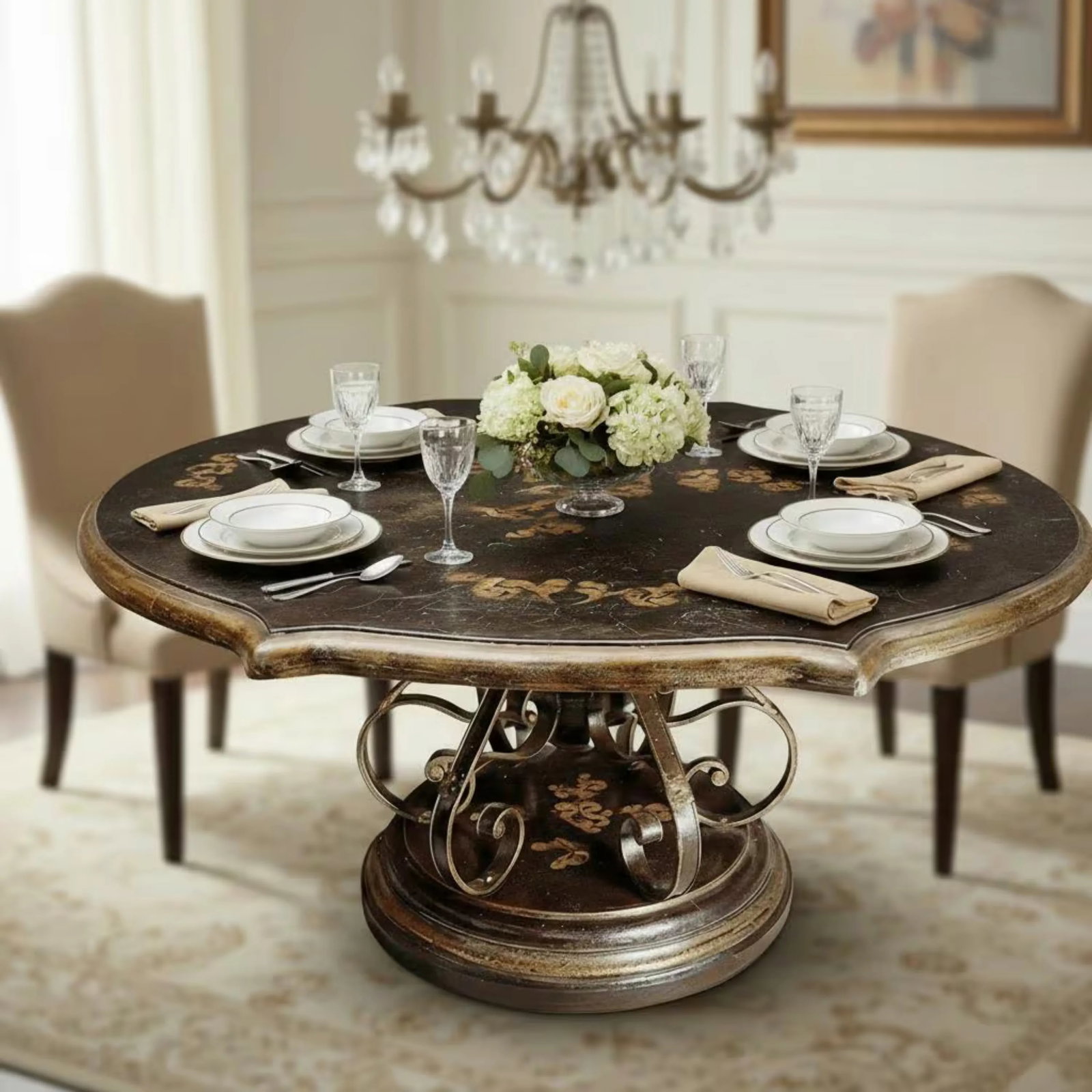 Victorian Style Vintage Black & Gold Hand-Painted Iron & Wood 6- Seater Dining Table - 2