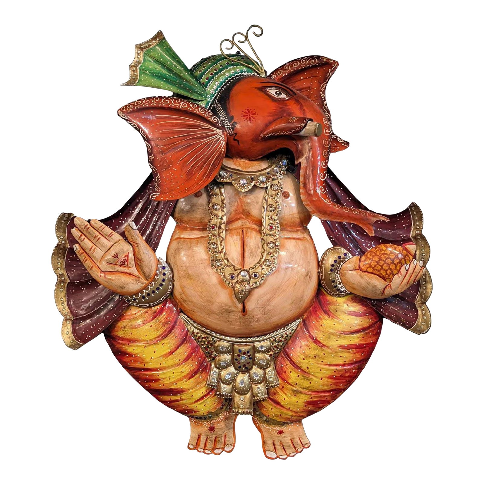 Vintage Large Ganesha Metal Wall Art | 36" Hand Painted Ganpati Sculpture | Indian Spiritual Home De: Invite the divine energy of prosperity and wisdom into your home with our Vibrant 36" Tall Ganesha Metal Wall Art. This breath taking Ganpati wall panel is more than just Indian wall decor; it is a so