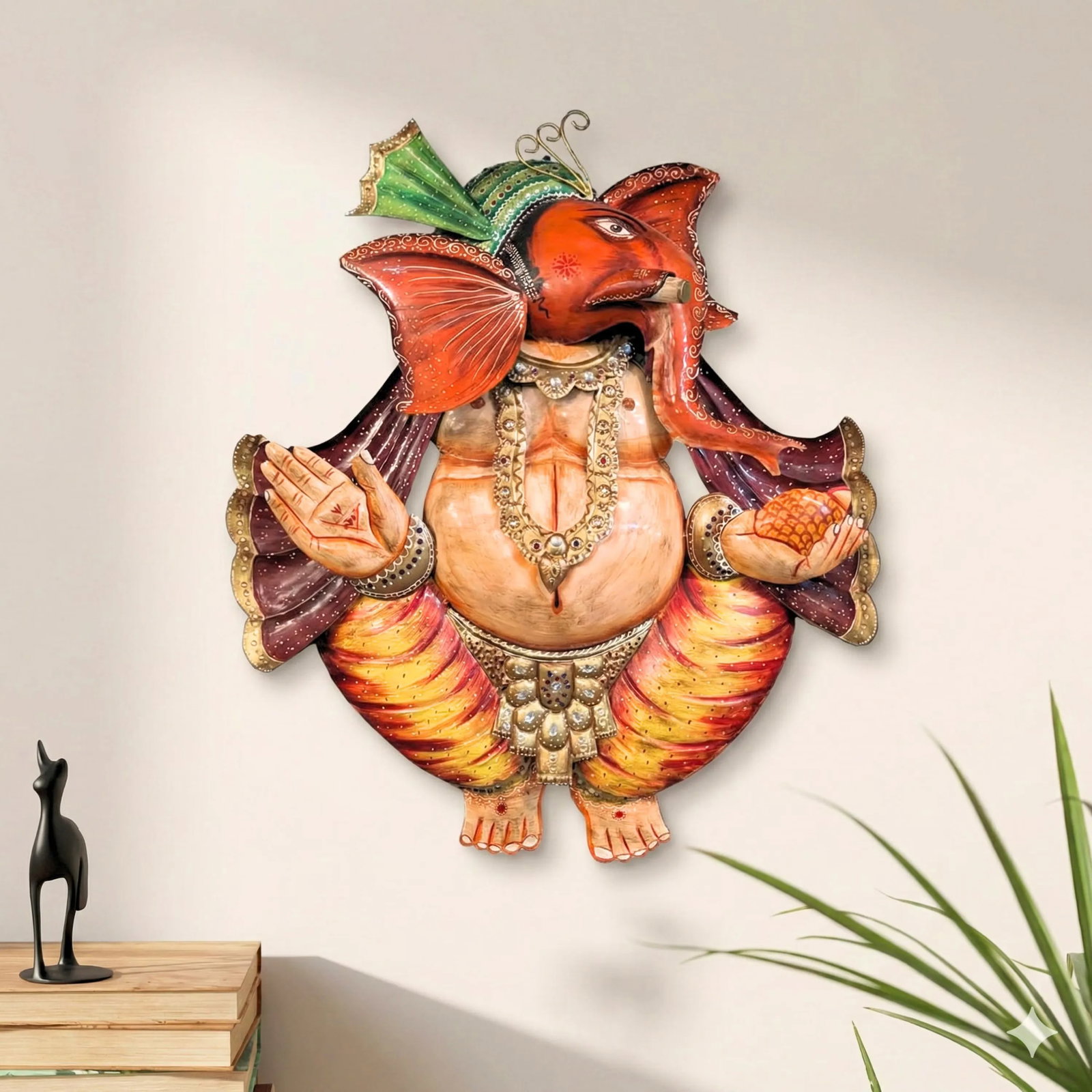 Vintage Large Ganesha Metal Wall Art | 36" Hand Painted Ganpati Sculpture | Indian Spiritual Home De - 2