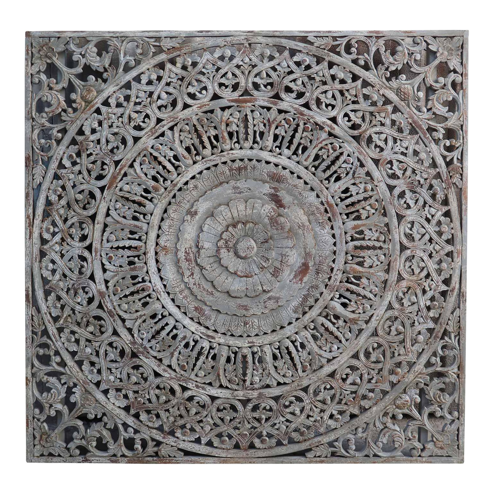 1970s Large 72" Hand Carved Wood Wall Art Panel | Distressed Gray Mandala Square Sculpture | Modern: Transform your home into a sanctuary of timeless beauty with our Oversized 72 Inch Hand Carved Wood Wall Panel. This breathtaking piece of art decor is more than just a wall hanging; it is a soulful e