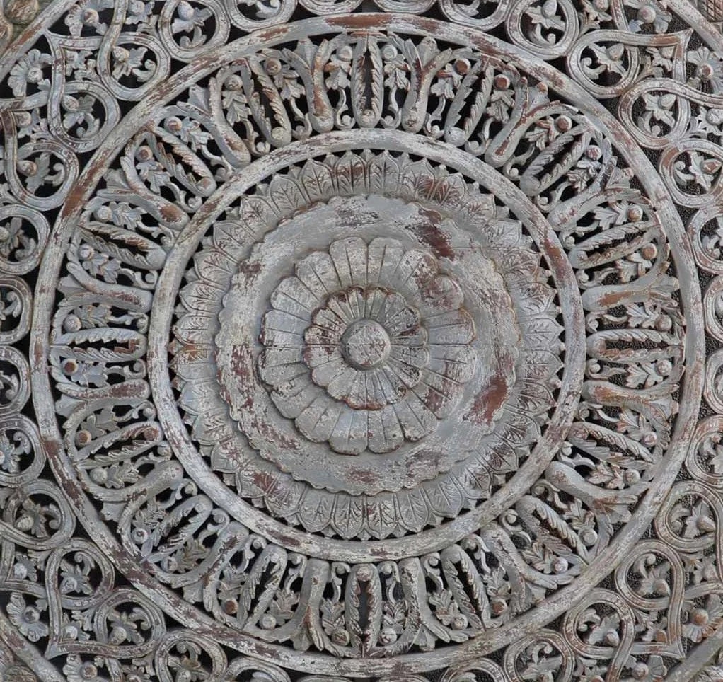 1970s Large 72" Hand Carved Wood Wall Art Panel | Distressed Gray Mandala Square Sculpture | Modern - 3