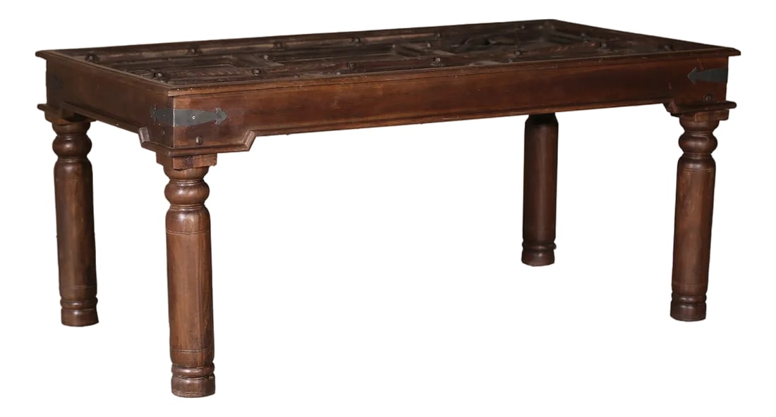 1930s Rustic Farmhouse Reclaimed Wood Antique Door Dining Table: Bring the soulful heritage of a bygone era into the heart of your home with this exquisite Reclaimed Wood Dining Table. Each piece is a breathtaking work of art, featuring a genuine antique door from
