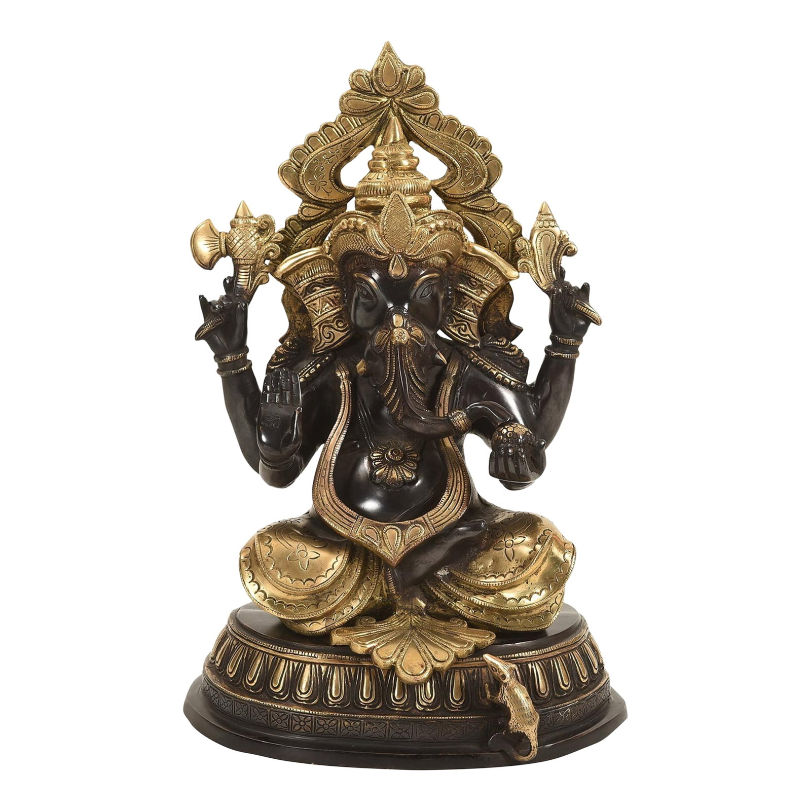 Mid 20th Century 18" Black & Gold Ganesha Brass Statue: Invite the essence of wisdom and success into your home with this breathtaking 18 Inch Black and Gold Ganesha Brass Statue. This Vinayaka statue big enough to anchor any room, captures the soulful