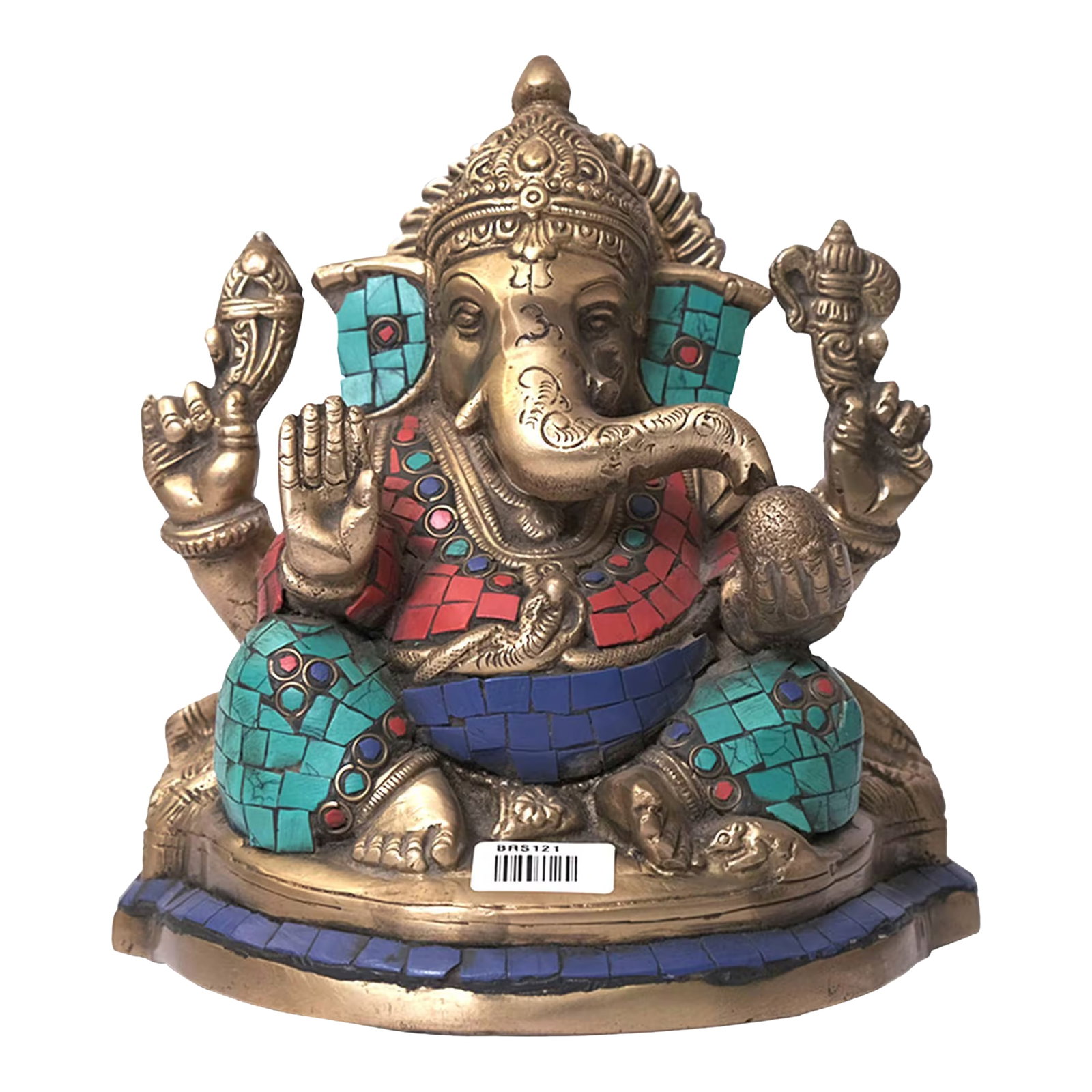 Brass Ganesha Statue With Turquoise Inlay | 7 Inch Hindu Ganpati Idol for Home Altar | Colorful Indi: Invite the presence of the remover of obstacles into your sacred space with this breathtaking Jeweled Ganesha statue. A true masterpiece of traditional Indian artistry, this Ganesh figurine is more th
