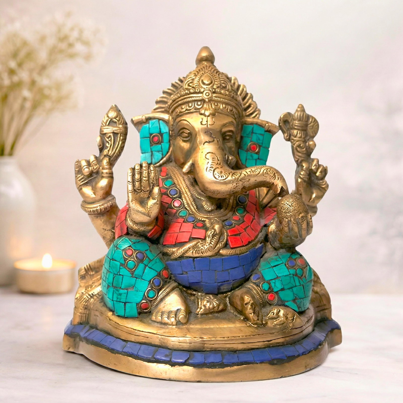 Brass Ganesha Statue With Turquoise Inlay | 7 Inch Hindu Ganpati Idol for Home Altar | Colorful Indi - 2