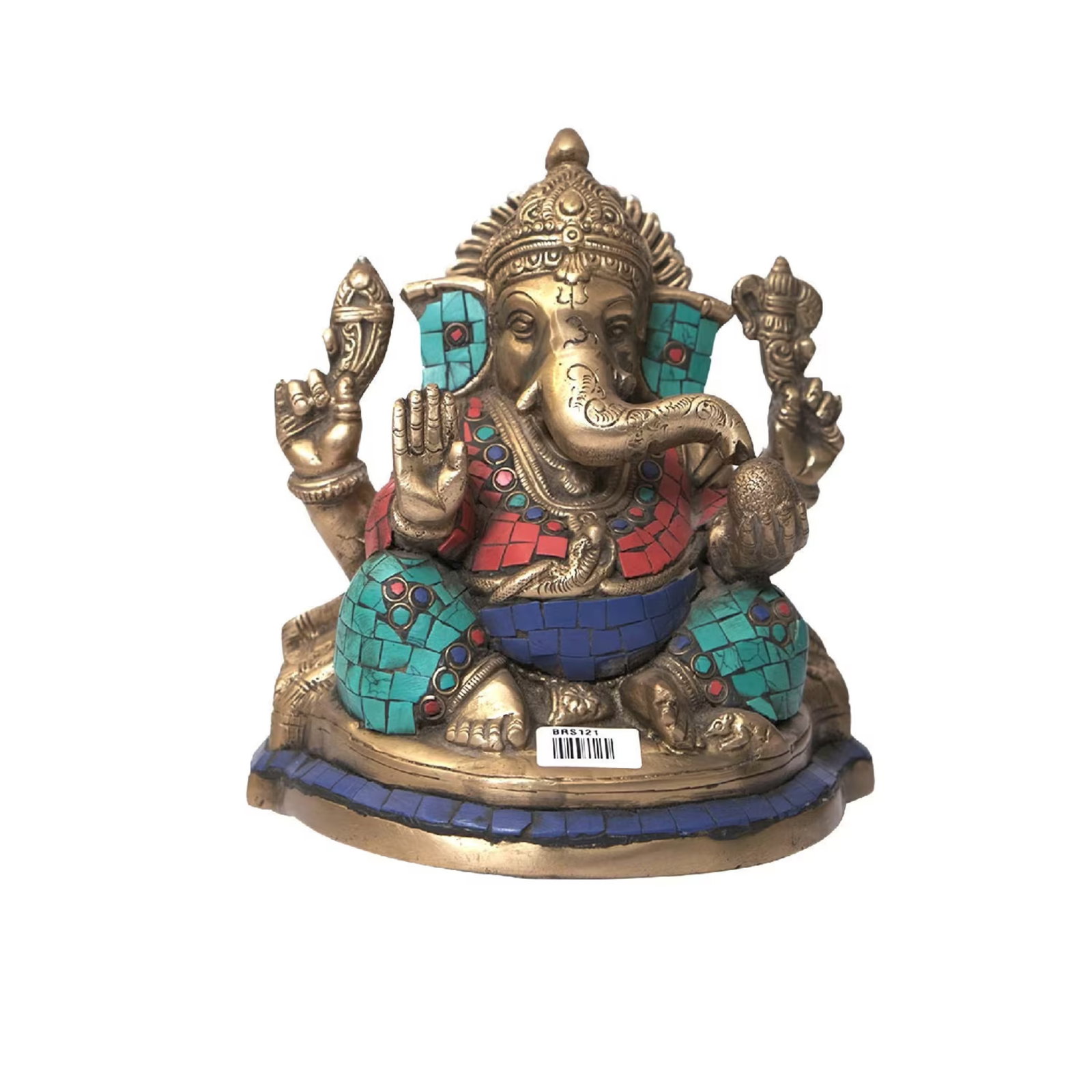 Brass Ganesha Statue With Turquoise Inlay | 7 Inch Hindu Ganpati Idol for Home Altar | Colorful Indi - 3