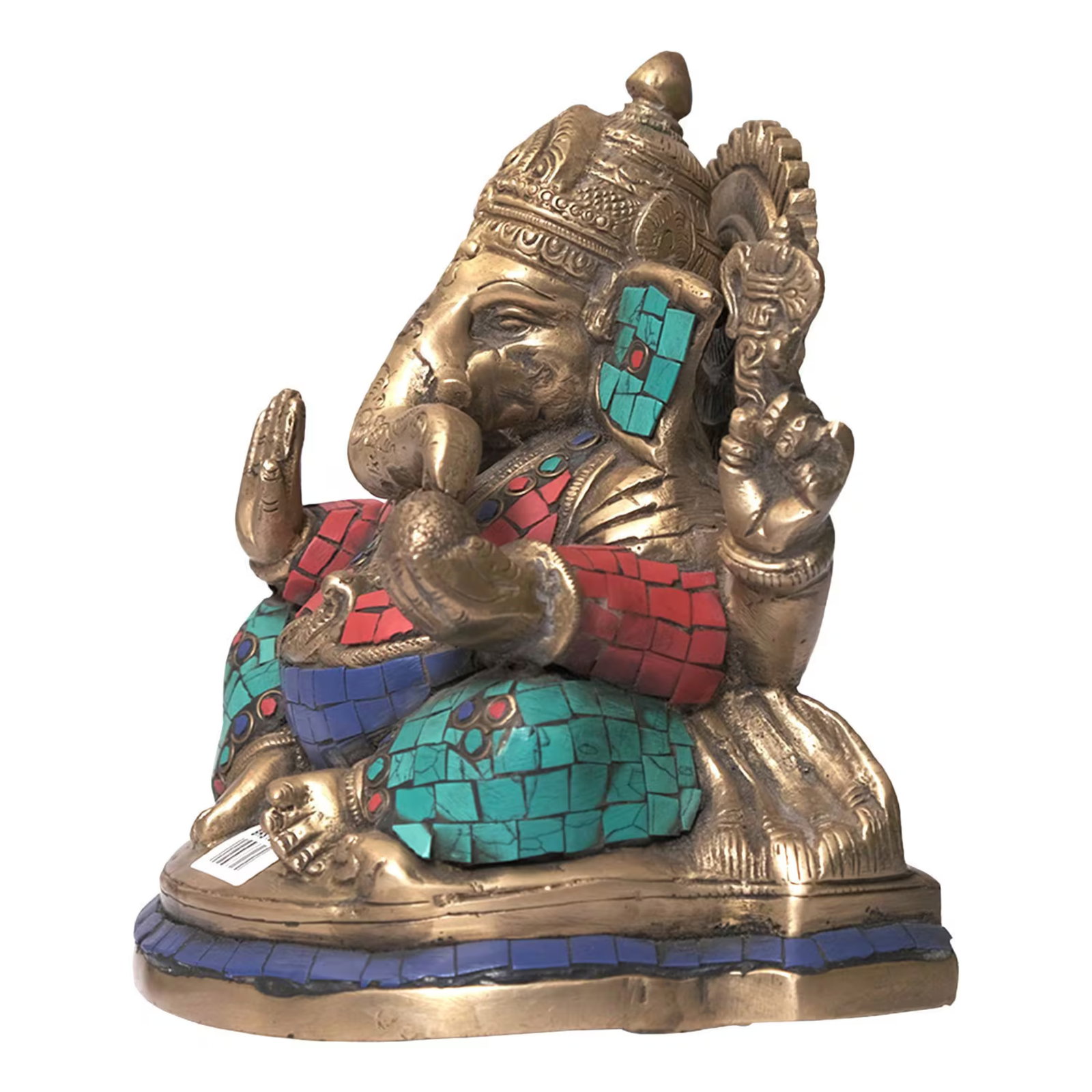 Brass Ganesha Statue With Turquoise Inlay | 7 Inch Hindu Ganpati Idol for Home Altar | Colorful Indi - 4