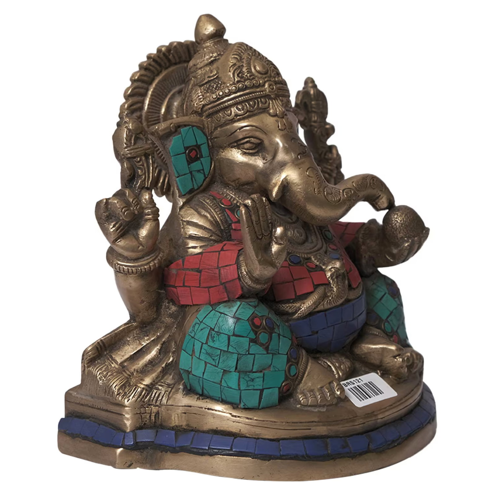 Brass Ganesha Statue With Turquoise Inlay | 7 Inch Hindu Ganpati Idol for Home Altar | Colorful Indi - 5
