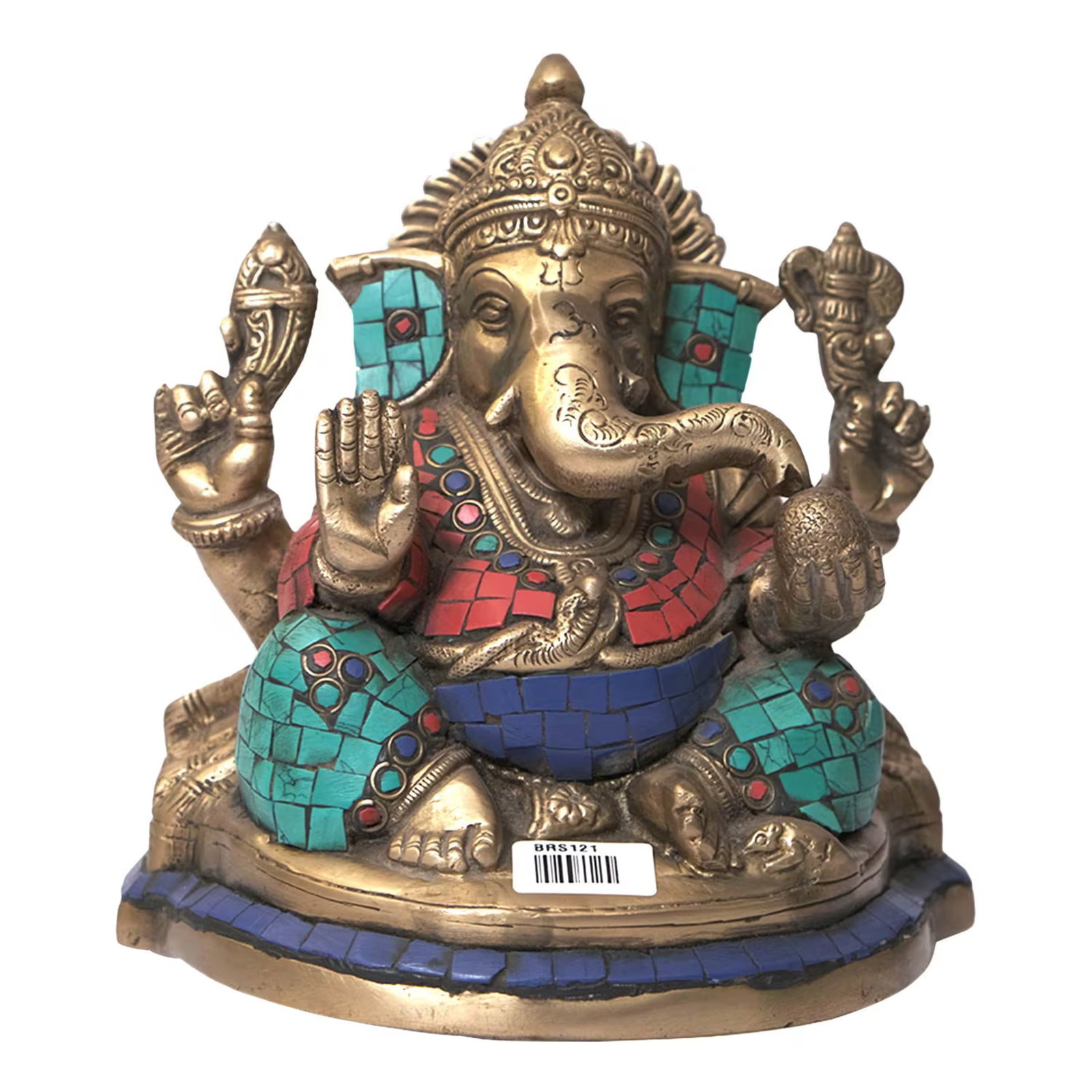 Brass Ganesha Statue With Turquoise Inlay | 7 Inch Hindu Ganpati Idol for Home Altar | Colorful Indi - 6