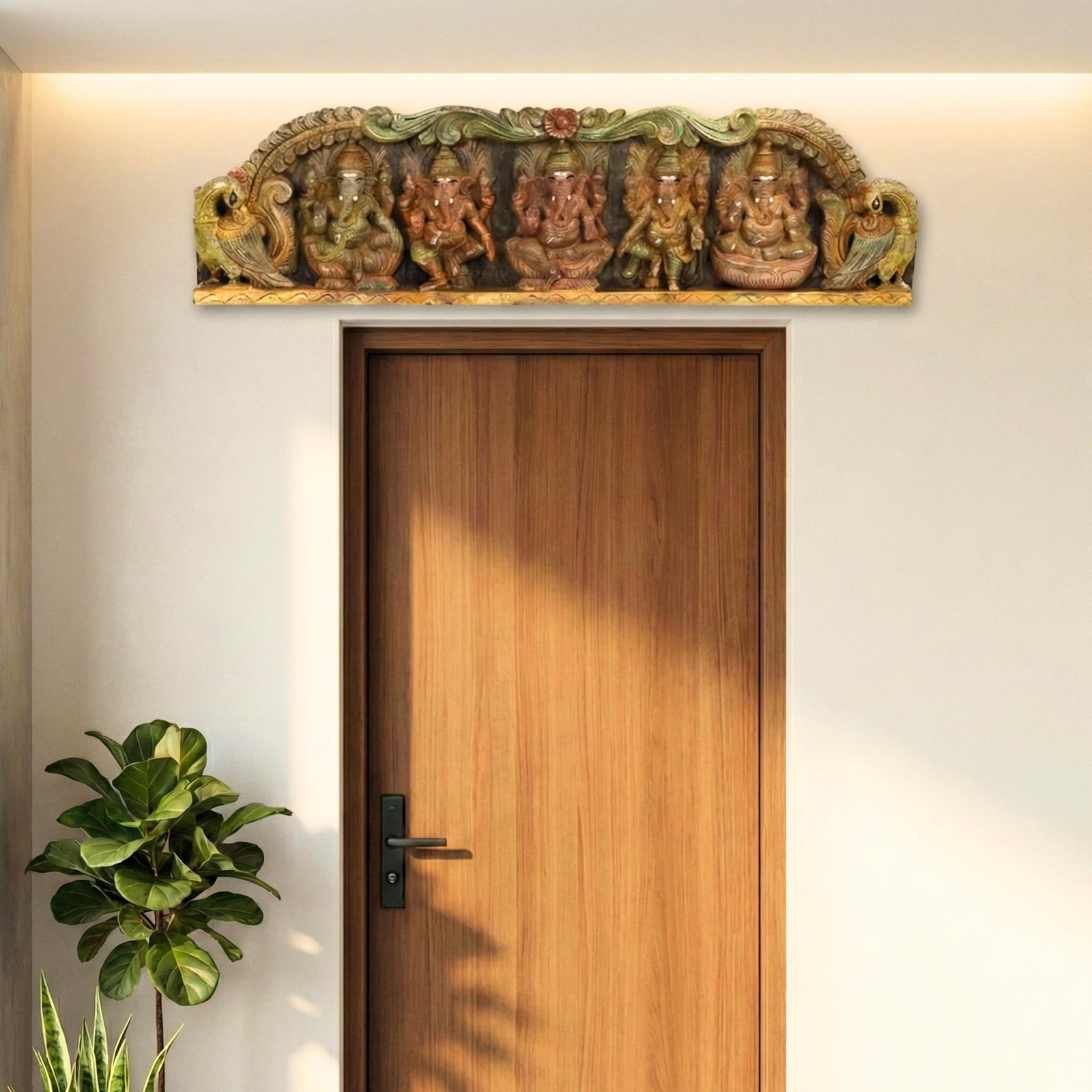 42" Inch Ganesha Wall Hanging Carved Wood Door Header | Traditional Indian Mandir Decor | Hand Paint - 2