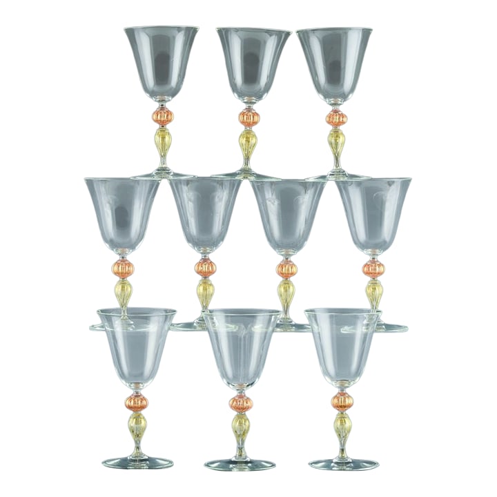 Murano Art Glass Red Wine Glasses-Set of Ten: Venetian Elegance: Set of Ten Murano Art Glass Wine Glasses Mid-to-Late 20th Century This exquisite set of ten Murano art glass wine glasses is a stunning example of Italian craftsmanship, perfectly d