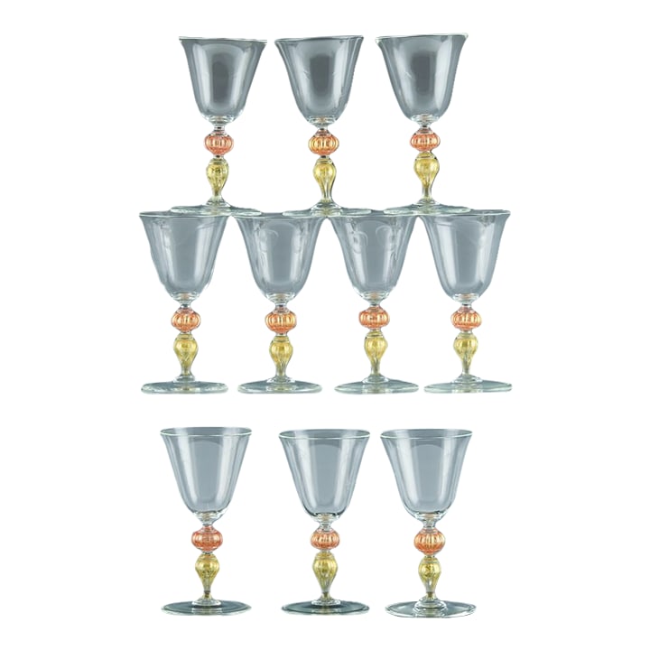 Murano Set of Renaissance-Inspired Art Glass Wine Glasses-Set of Ten: Venetian Elegance: Set of Renaissance-inspired Art Glass Wine Glasses Mid-to-Late 20th Century This exquisite set of ten Murano art glass wine glasses is a stunning example of Italian craftsmanship, p