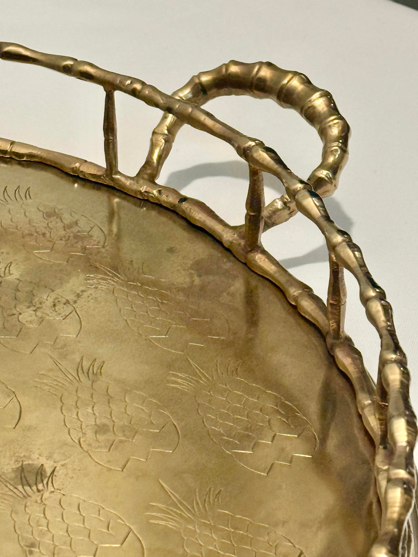 Monumental 1970s Etched Pineapple & Faux Bamboo Brass Round Tray by Turtle and Crane - Styled After - 11