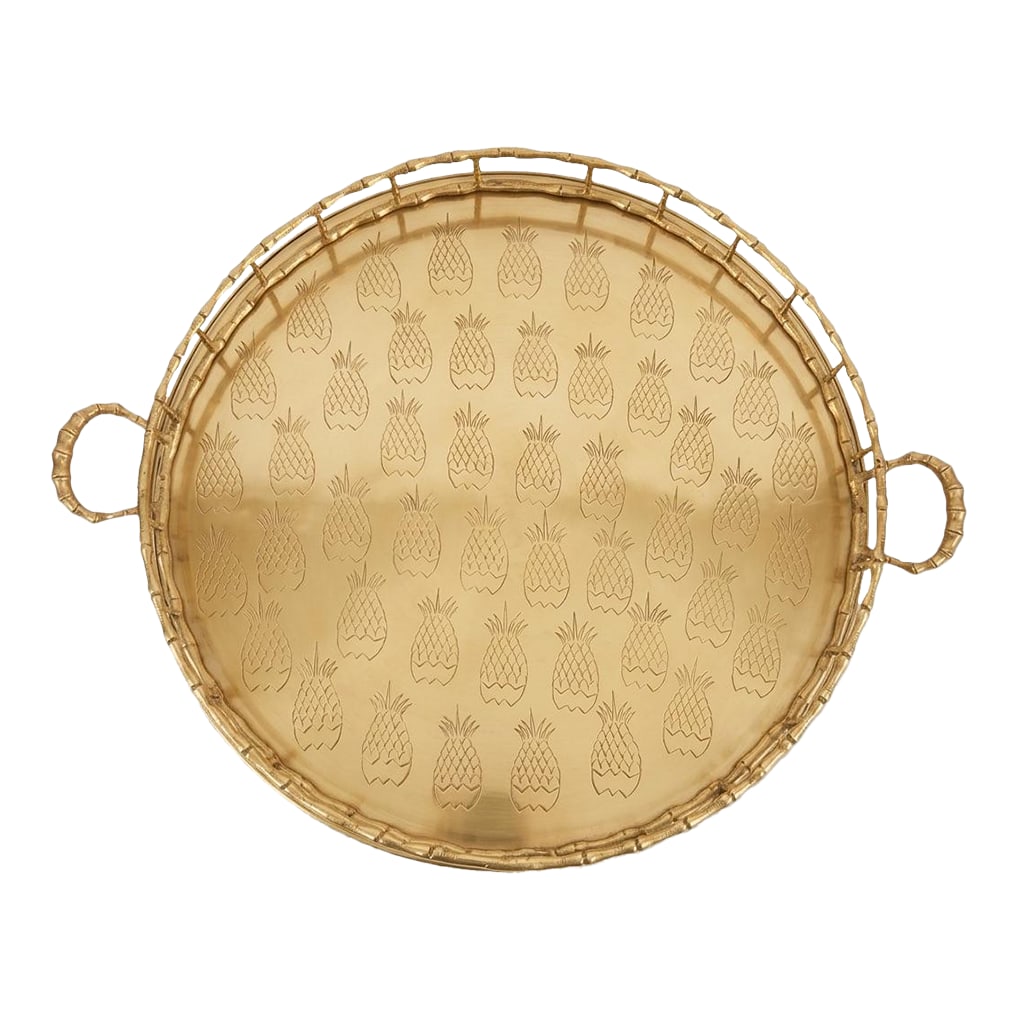Monumental 1970s Etched Pineapple & Faux Bamboo Brass Round Tray by Turtle and Crane - Styled After: This bespoke Turtle and Crane masterpiece is a monumental 21-inch vintage brass treasure, featuring a meticulously etched pineapple motif"”the ultimate symbol of hospitality and high-society