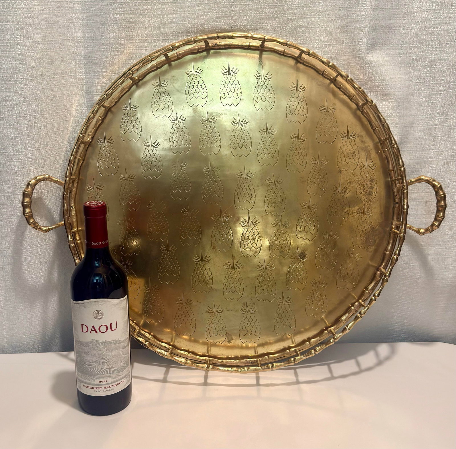 Monumental 1970s Etched Pineapple & Faux Bamboo Brass Round Tray by Turtle and Crane - Styled After - 3