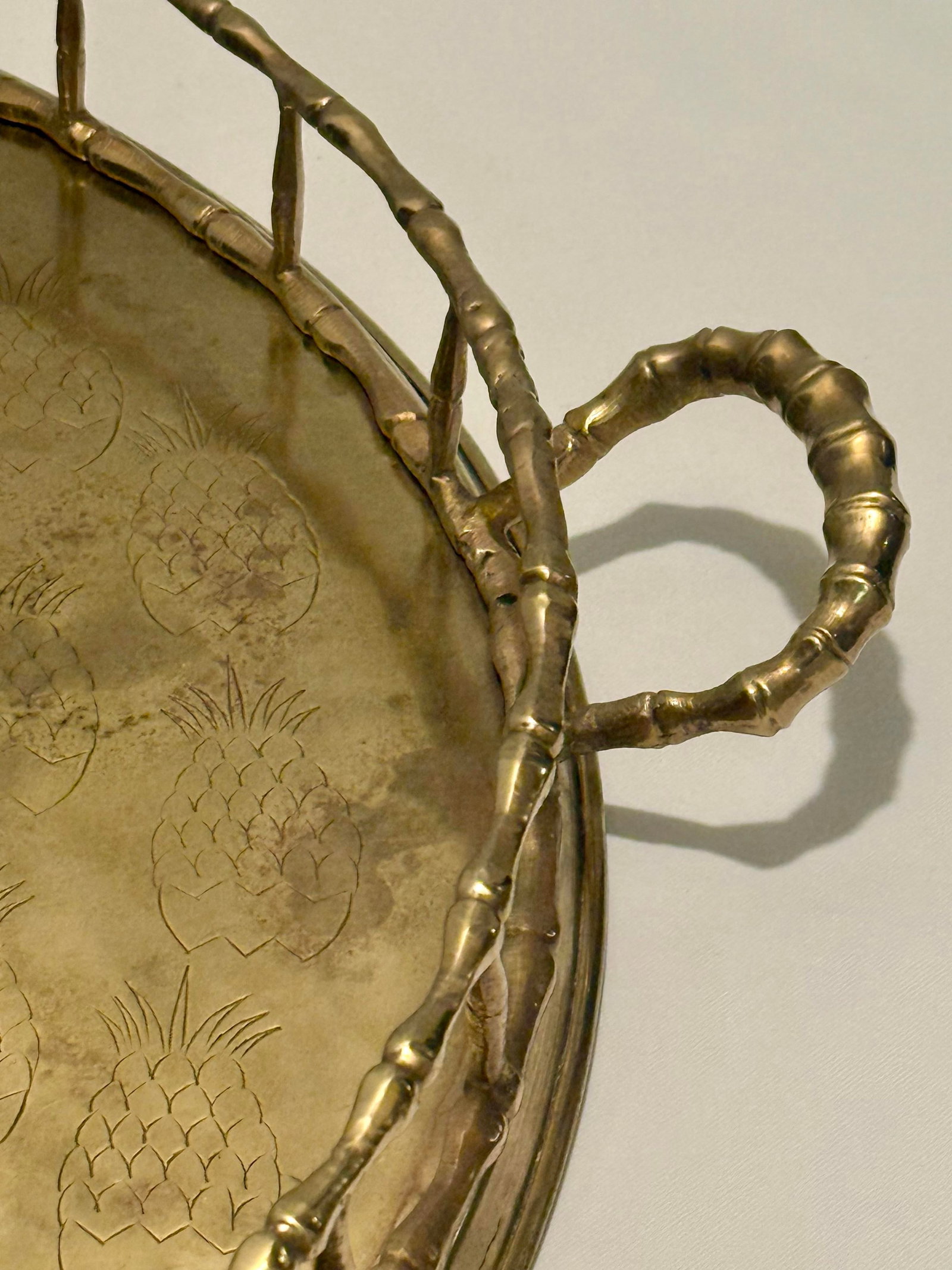 Monumental 1970s Etched Pineapple & Faux Bamboo Brass Round Tray by Turtle and Crane - Styled After - 7