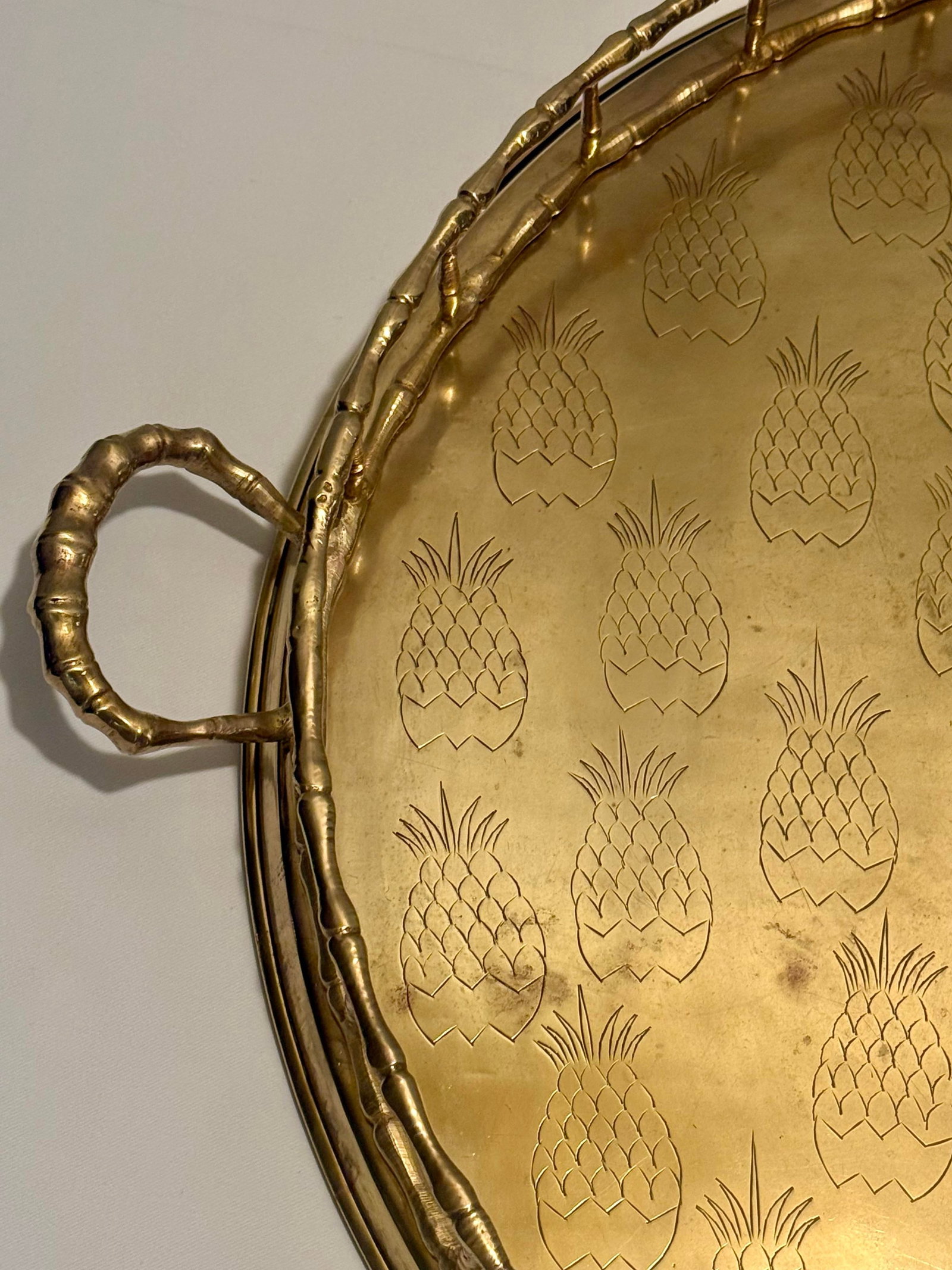 Monumental 1970s Etched Pineapple & Faux Bamboo Brass Round Tray by Turtle and Crane - Styled After - 8