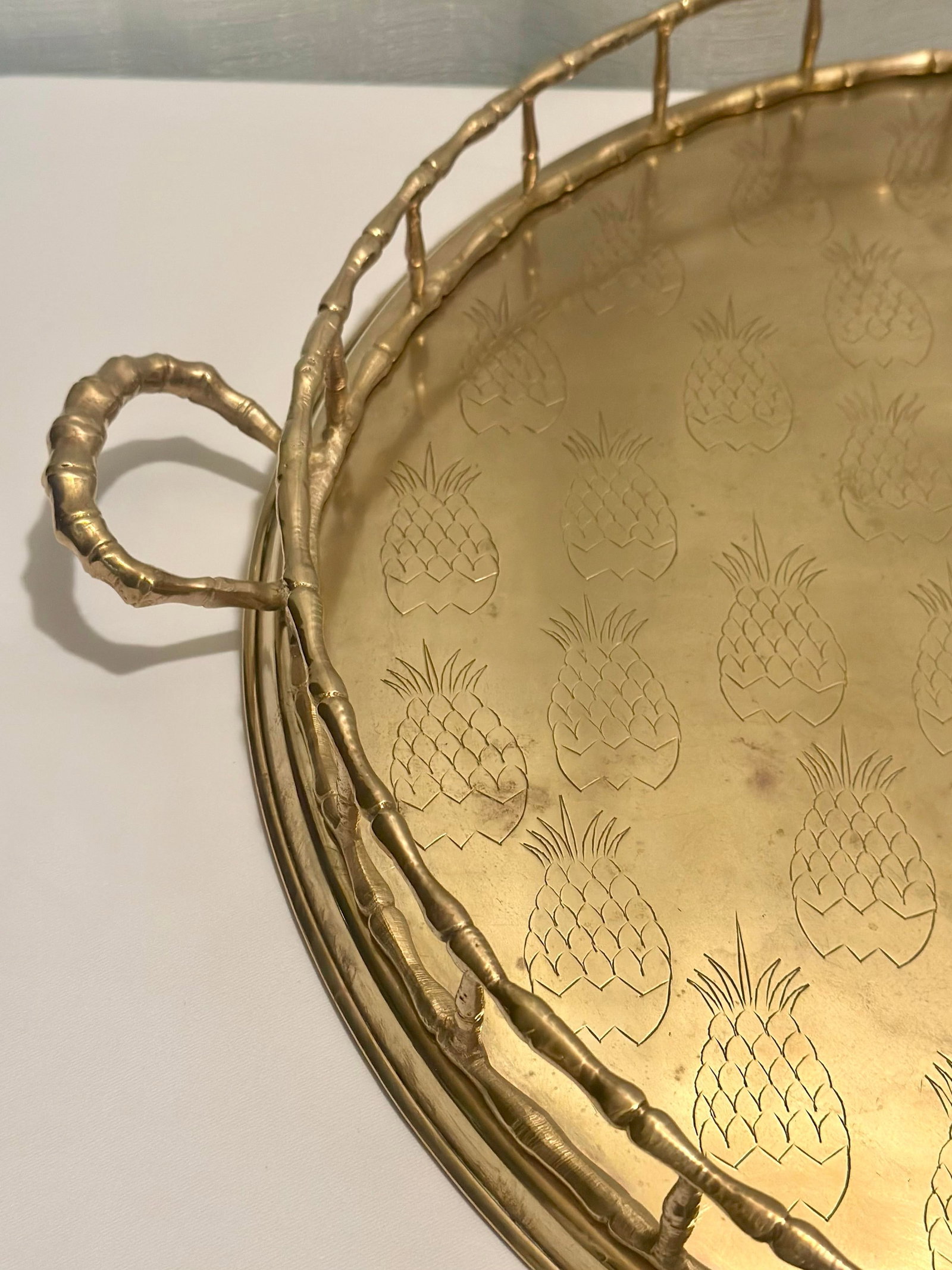 Monumental 1970s Etched Pineapple & Faux Bamboo Brass Round Tray by Turtle and Crane - Styled After - 9