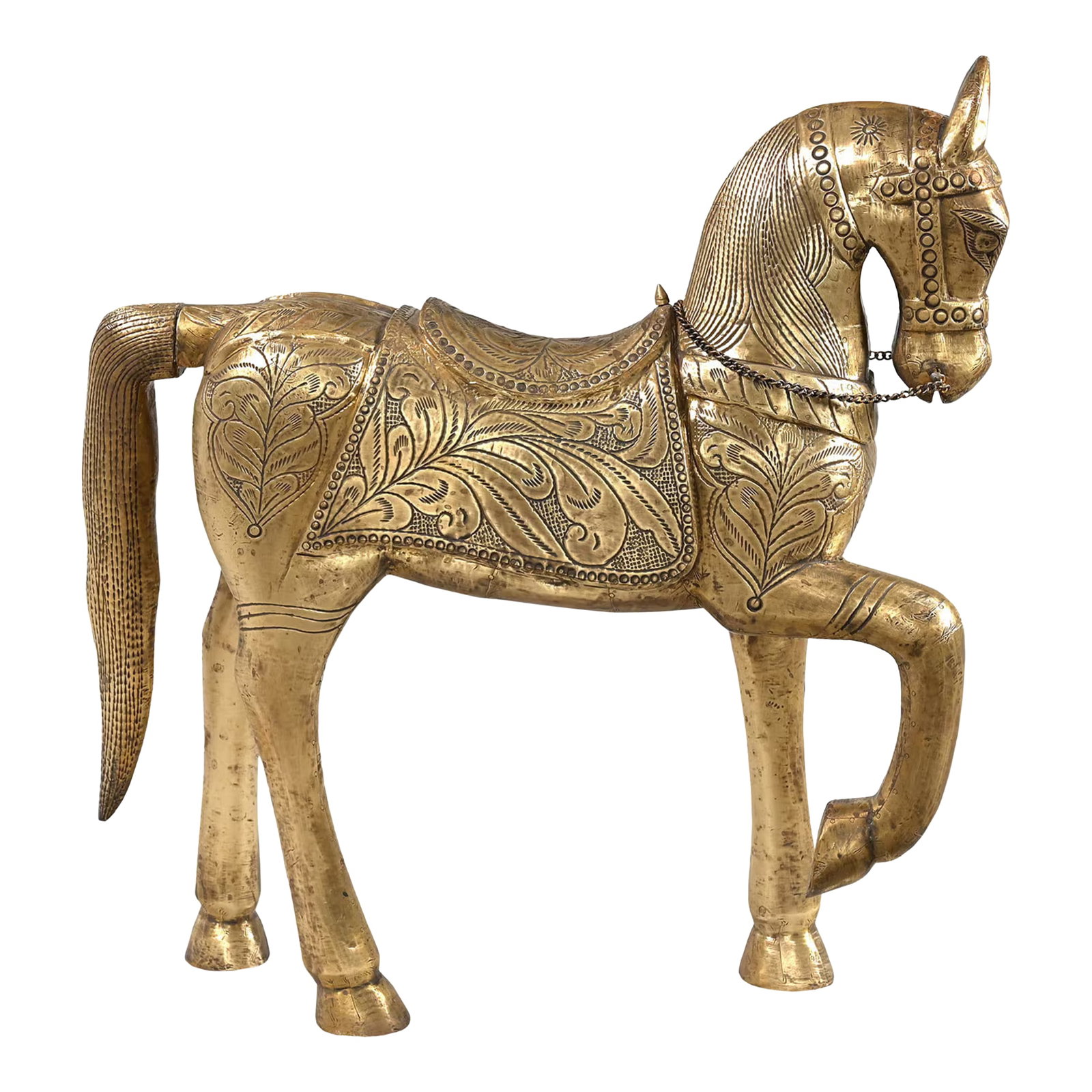 Handcrafted Brass Horse Statue | 25 Inch Carved Wood Royal Animal Sculpture | Gold Art Deco Home Dec: Capture the majestic spirit of heritage and the opulent flair of art deco with this breathtaking 25 Inch Statue. A true masterpiece of Indian royal statue tradition, this vintage horse is