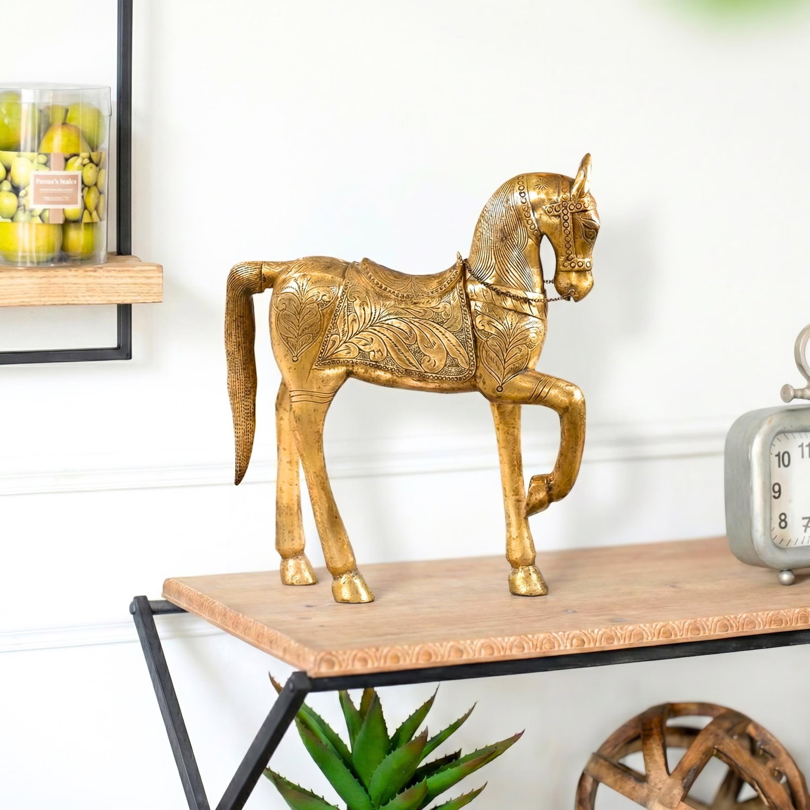 Handcrafted Brass Horse Statue | 25 Inch Carved Wood Royal Animal Sculpture | Gold Art Deco Home Dec - 2