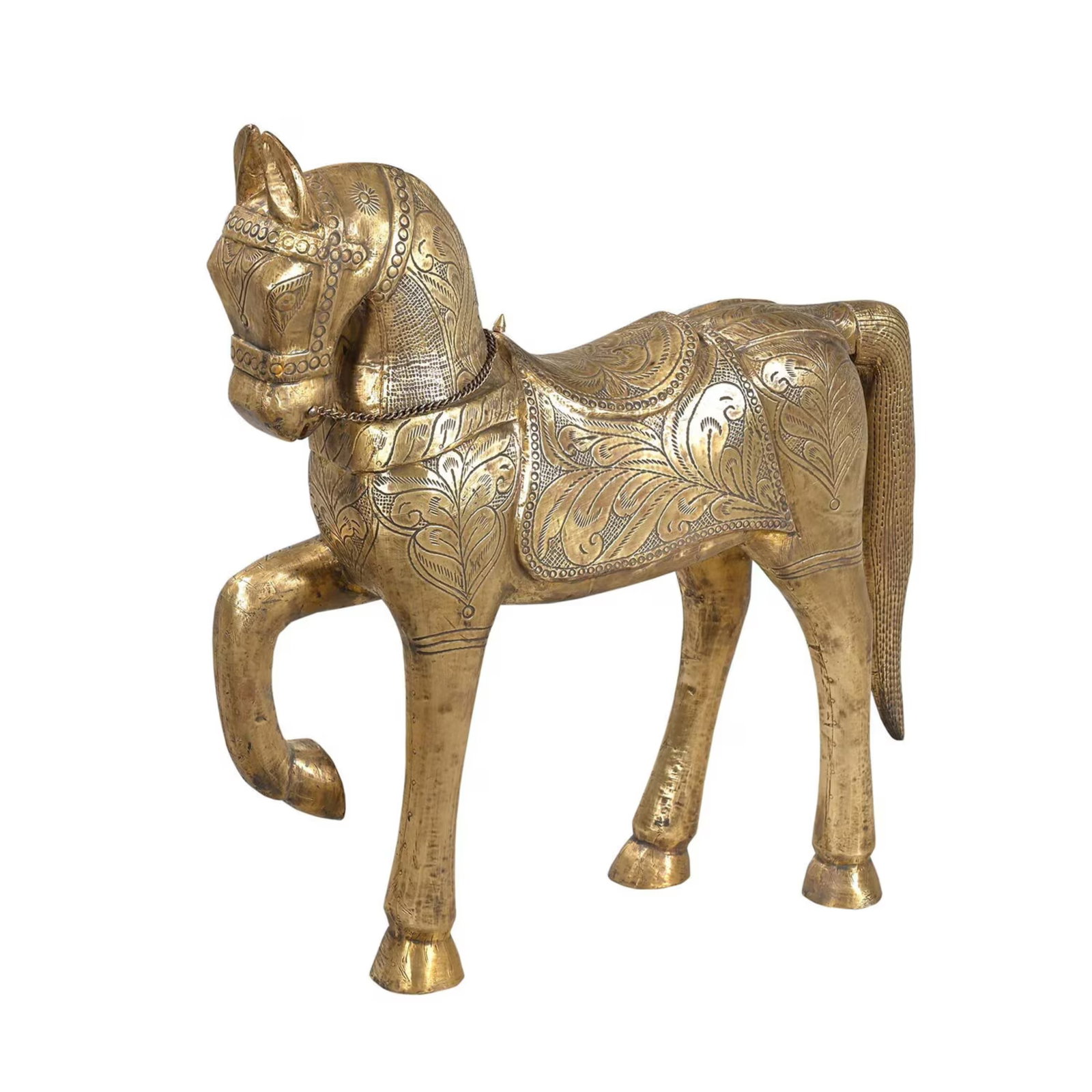 Handcrafted Brass Horse Statue | 25 Inch Carved Wood Royal Animal Sculpture | Gold Art Deco Home Dec - 3