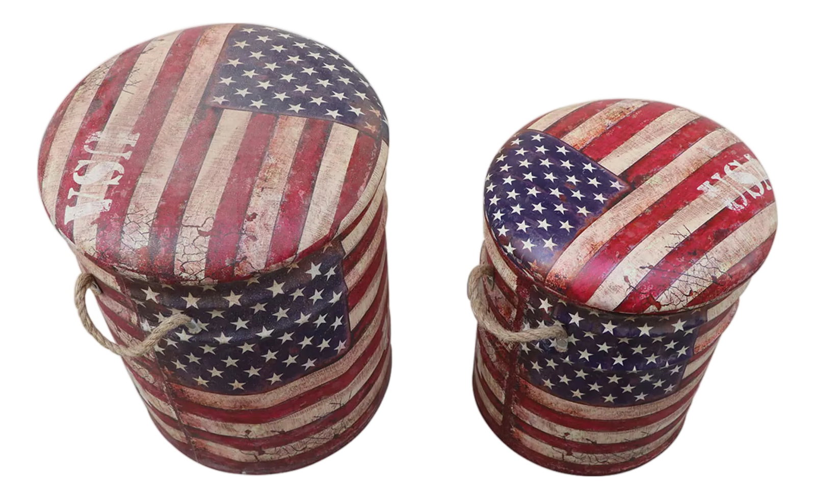 1980s American Flag Storage Bins Set of 2 | Rustic Patriotic Metal Baskets With Lids | Americana Hom: Infuse your home with a sense of pride and timeless character with our Eclectic Patriotic US Flag Storage Bins. This stunning set of 2 bins is more than just a organization solution; it is a storied