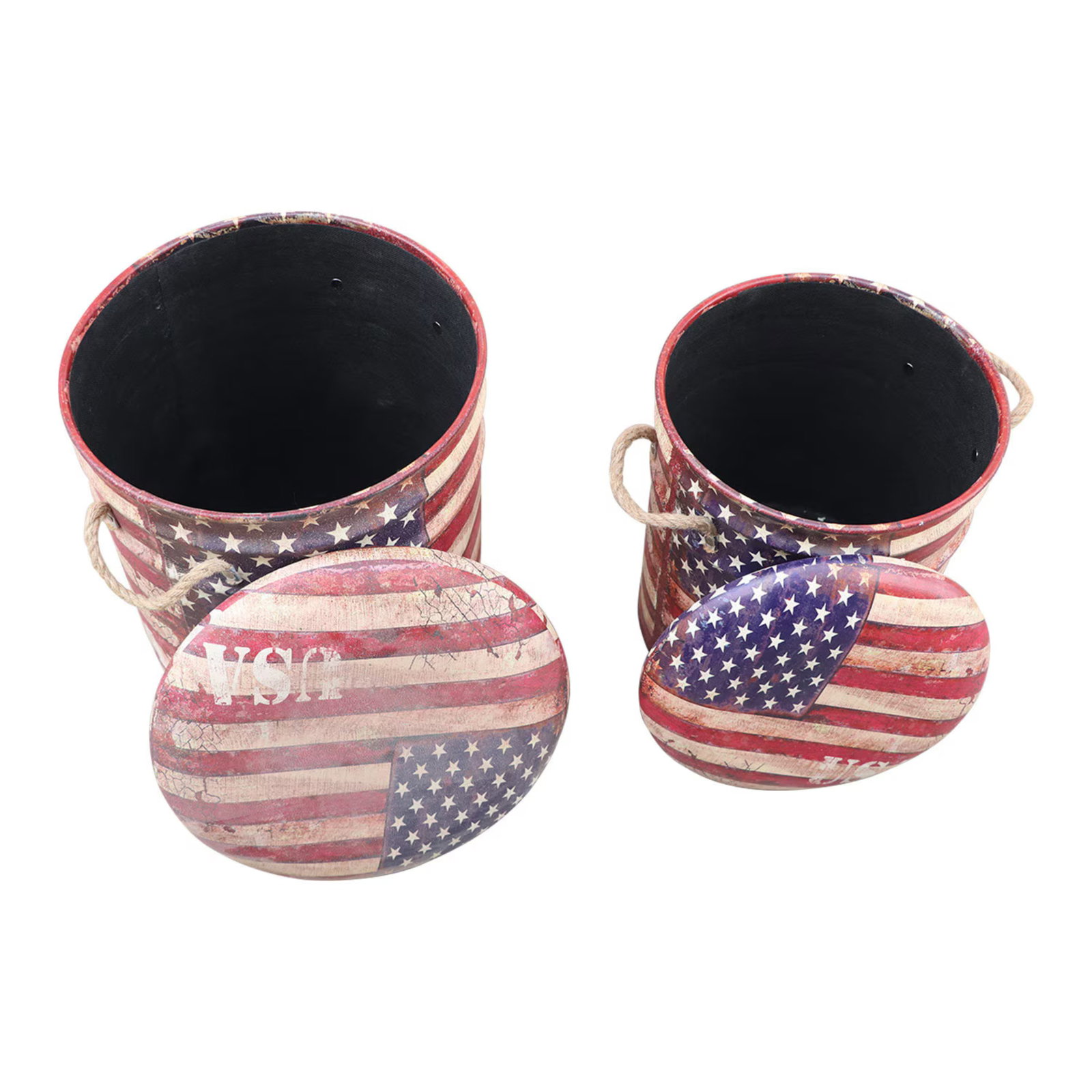 1980s American Flag Storage Bins Set of 2 | Rustic Patriotic Metal Baskets With Lids | Americana Hom - 2