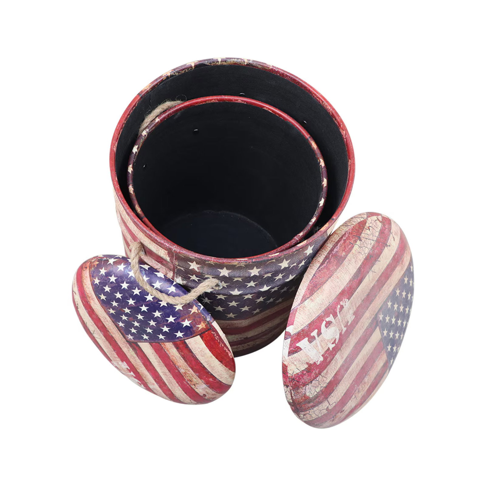 1980s American Flag Storage Bins Set of 2 | Rustic Patriotic Metal Baskets With Lids | Americana Hom - 3