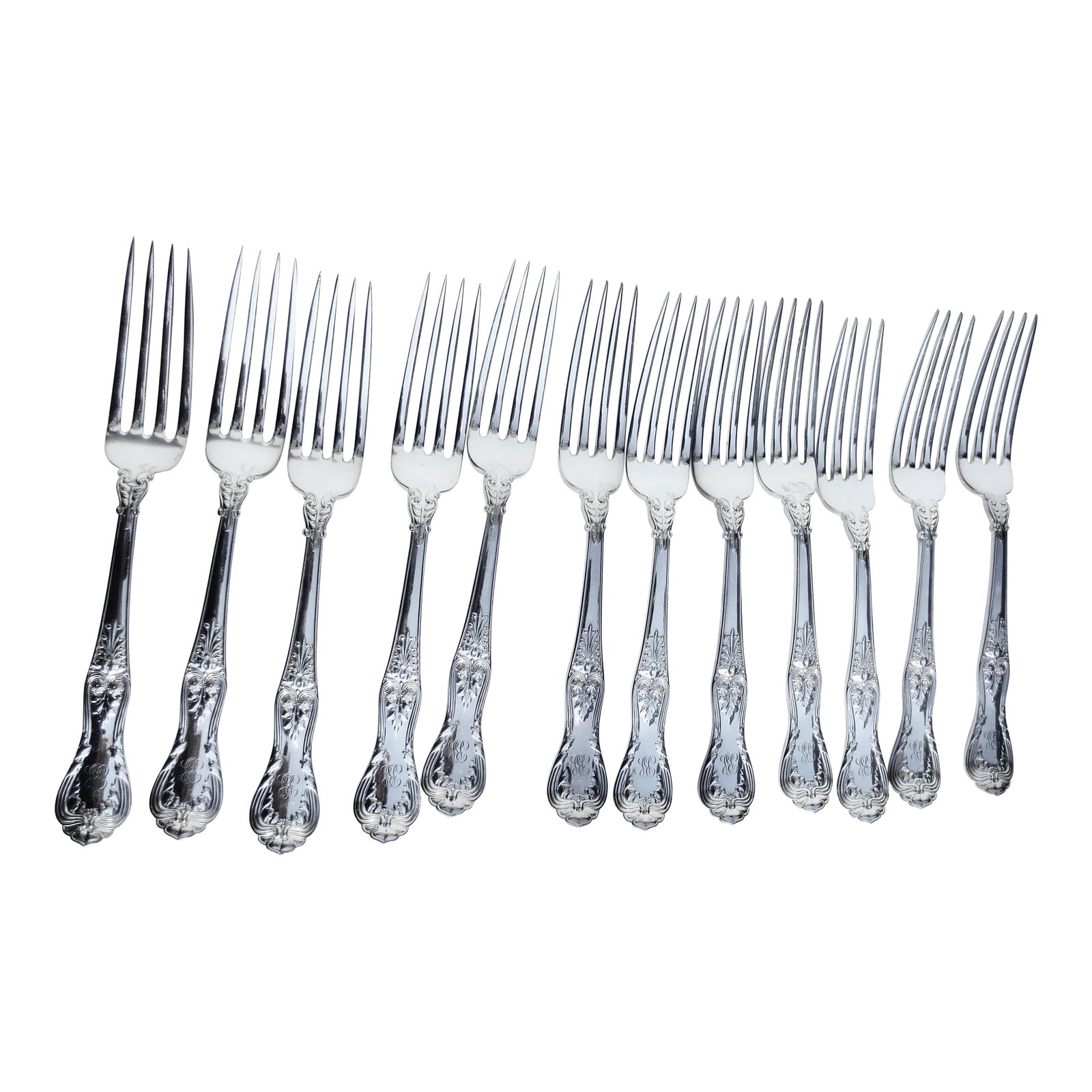 Mid 20th Century Tiffany & Co English King Pattern Forks Silver Plate - Set of 12: Tiffany & Co set of 12 forks. English Kings pattern with a monogram on the handle B. L.. The measurements are 7.25" long and 1" wide. Hallmarked Tiffany & Co and Patent 1884.. Condition: Alterations:
