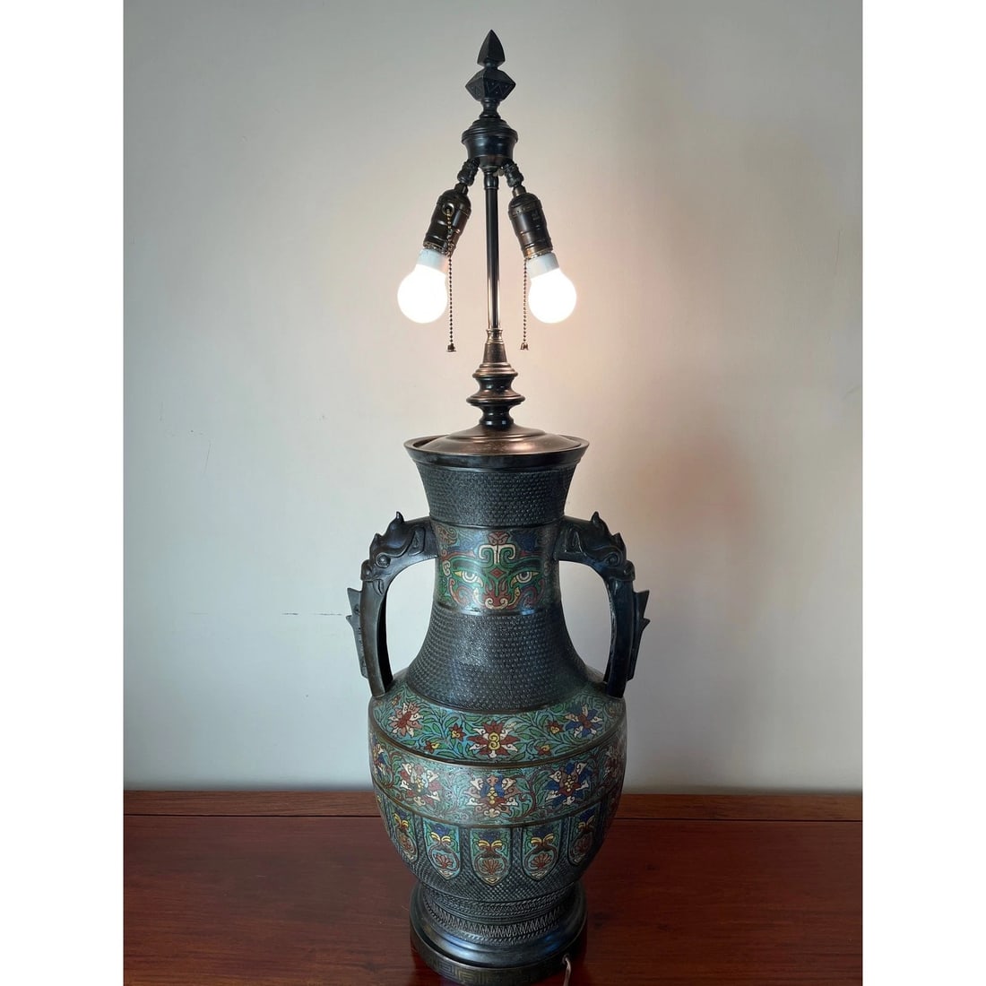 Large 42" Chinese CloisonnÃƒÂ© & Bronze Taotie Hu Vase Table Lamp - 4