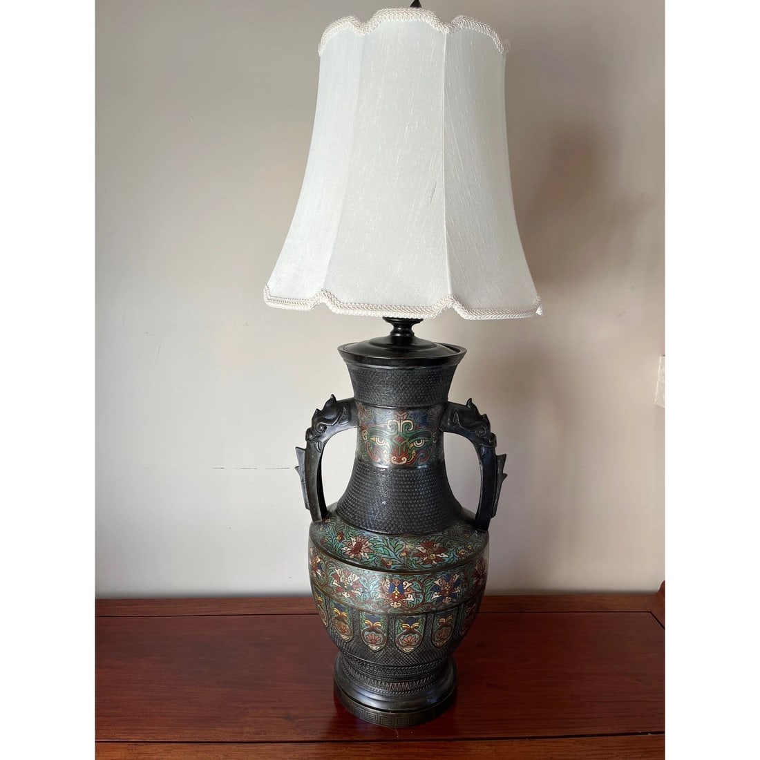 Large 42" Chinese CloisonnÃƒÂ© & Bronze Taotie Hu Vase Table Lamp - 7