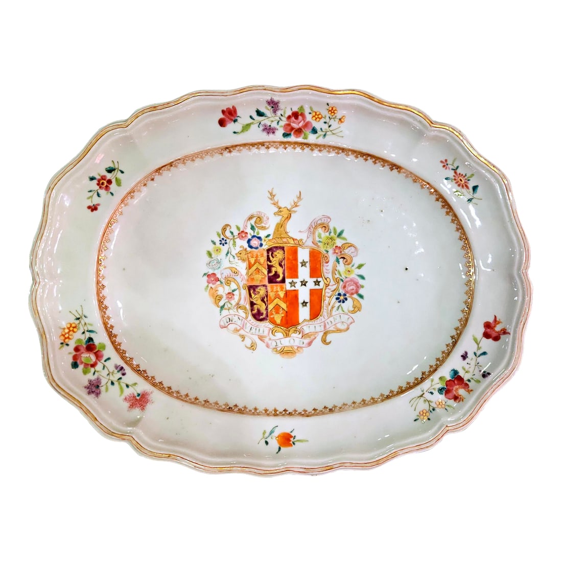 Mid 18th Century Chinese Export Porcelain Armorial Dish Arms of Hugget Quarterly Impaling Randolph: Chinese Export Armorial Porcelain Dish, Arms of Hugget impaling Randolph, Circa 1755 A fine Chinese Export porcelain armorial dish, produced during the Qianlong period (circa 1755) for the British mar