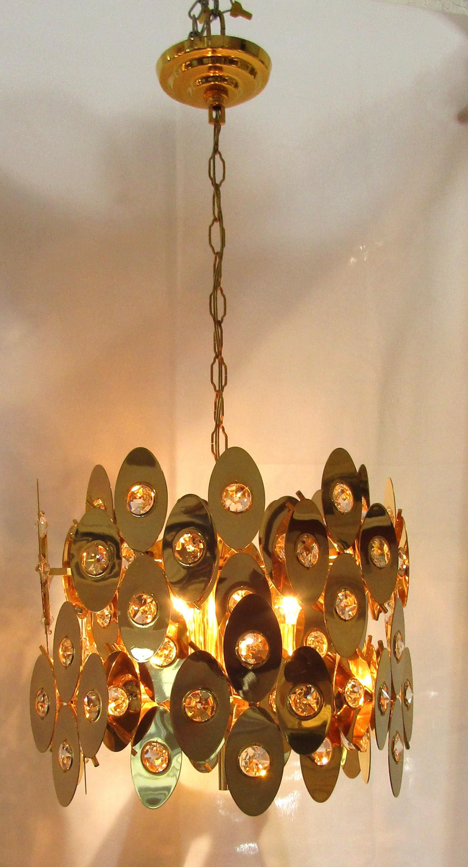 1970s Rare Gold Plated Brass Austrian Crystal Chandelier Attributed to Palwa - 2