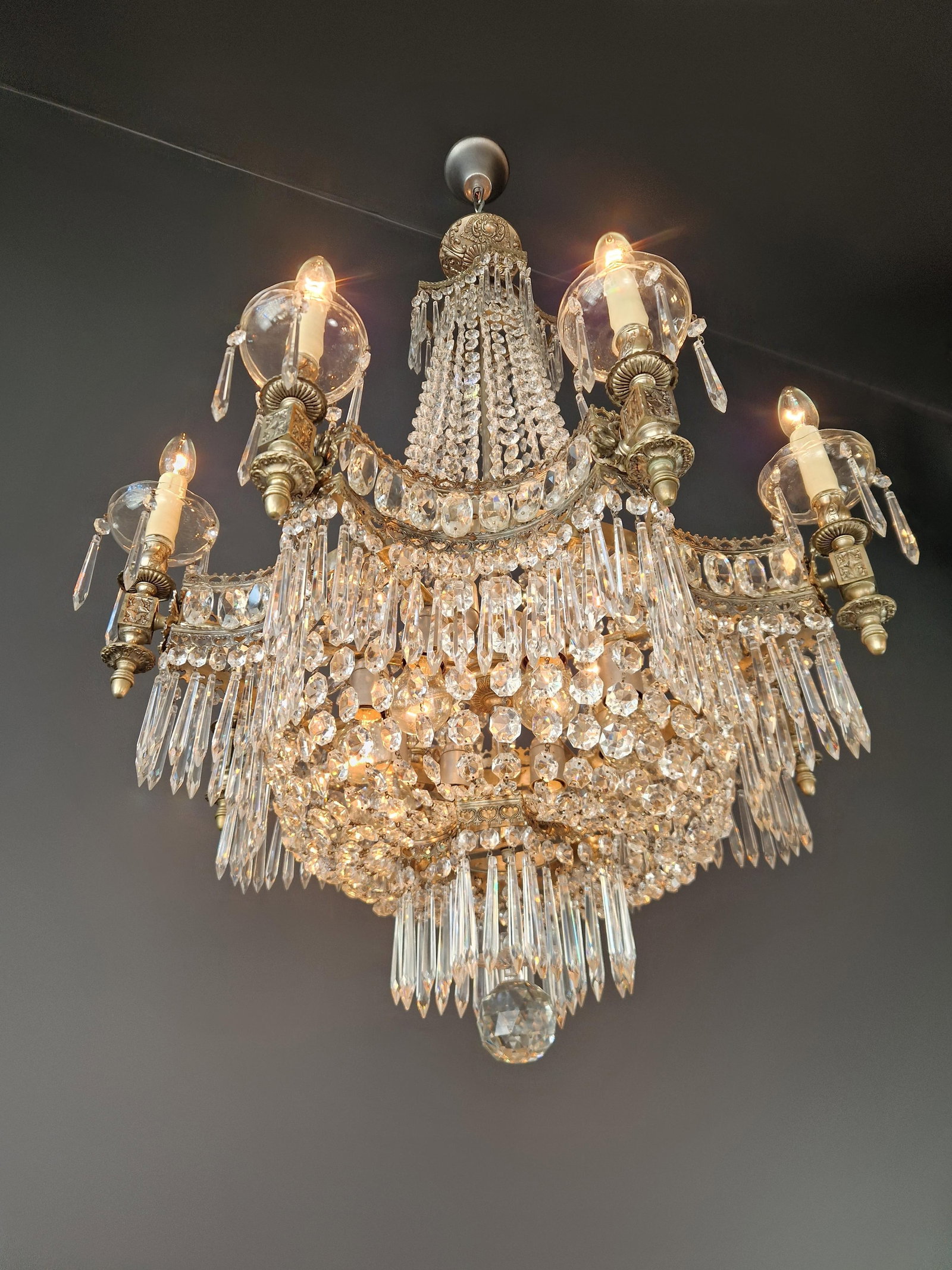 1930s Art Deco Crystal Chandelier Silver Serpentine Form Restored Antique Brass - 10