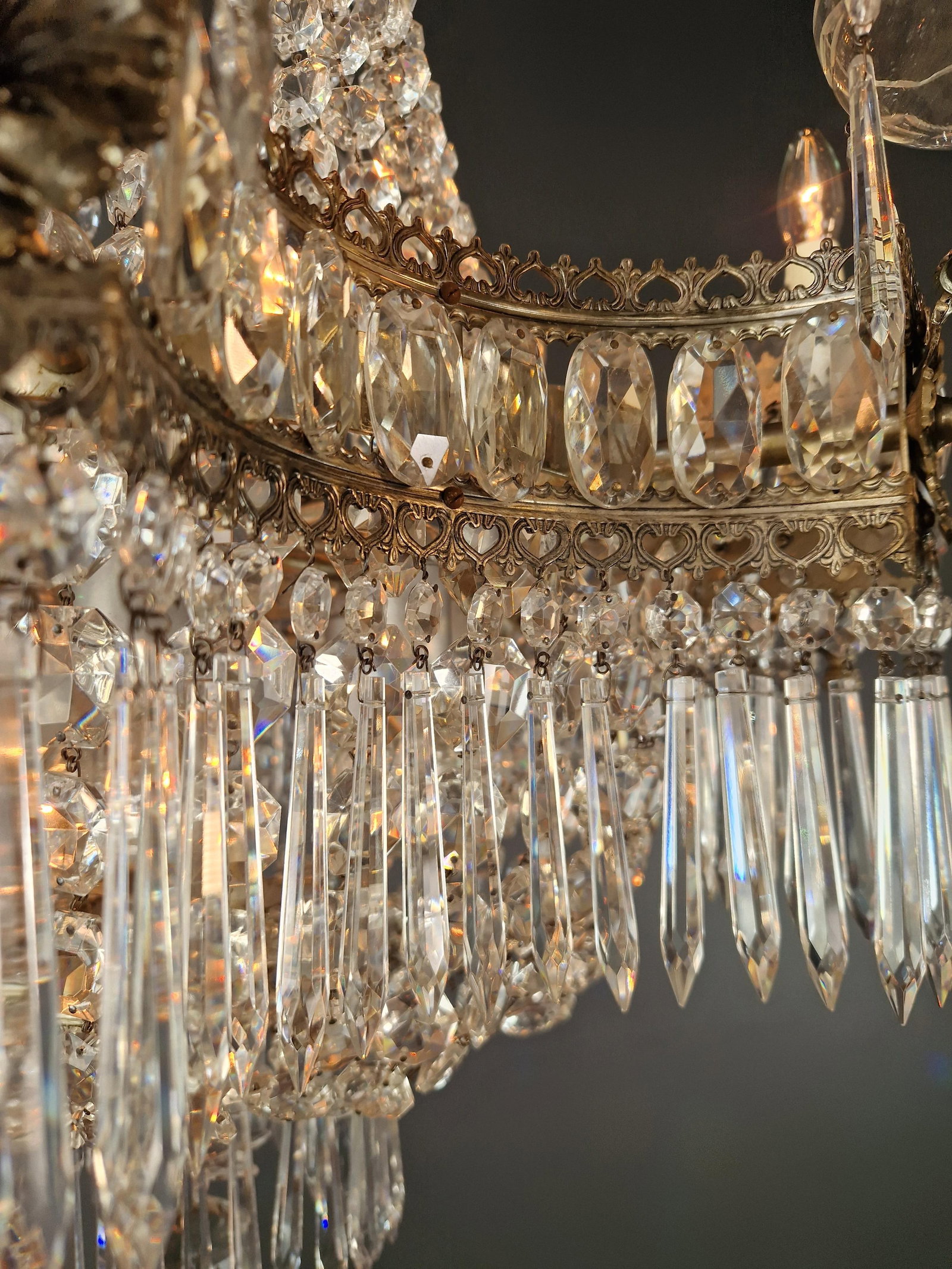 1930s Art Deco Crystal Chandelier Silver Serpentine Form Restored Antique Brass - 13