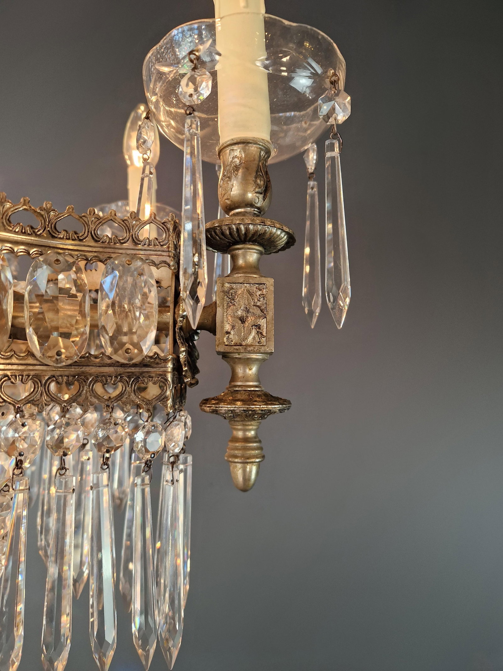 1930s Art Deco Crystal Chandelier Silver Serpentine Form Restored Antique Brass - 14