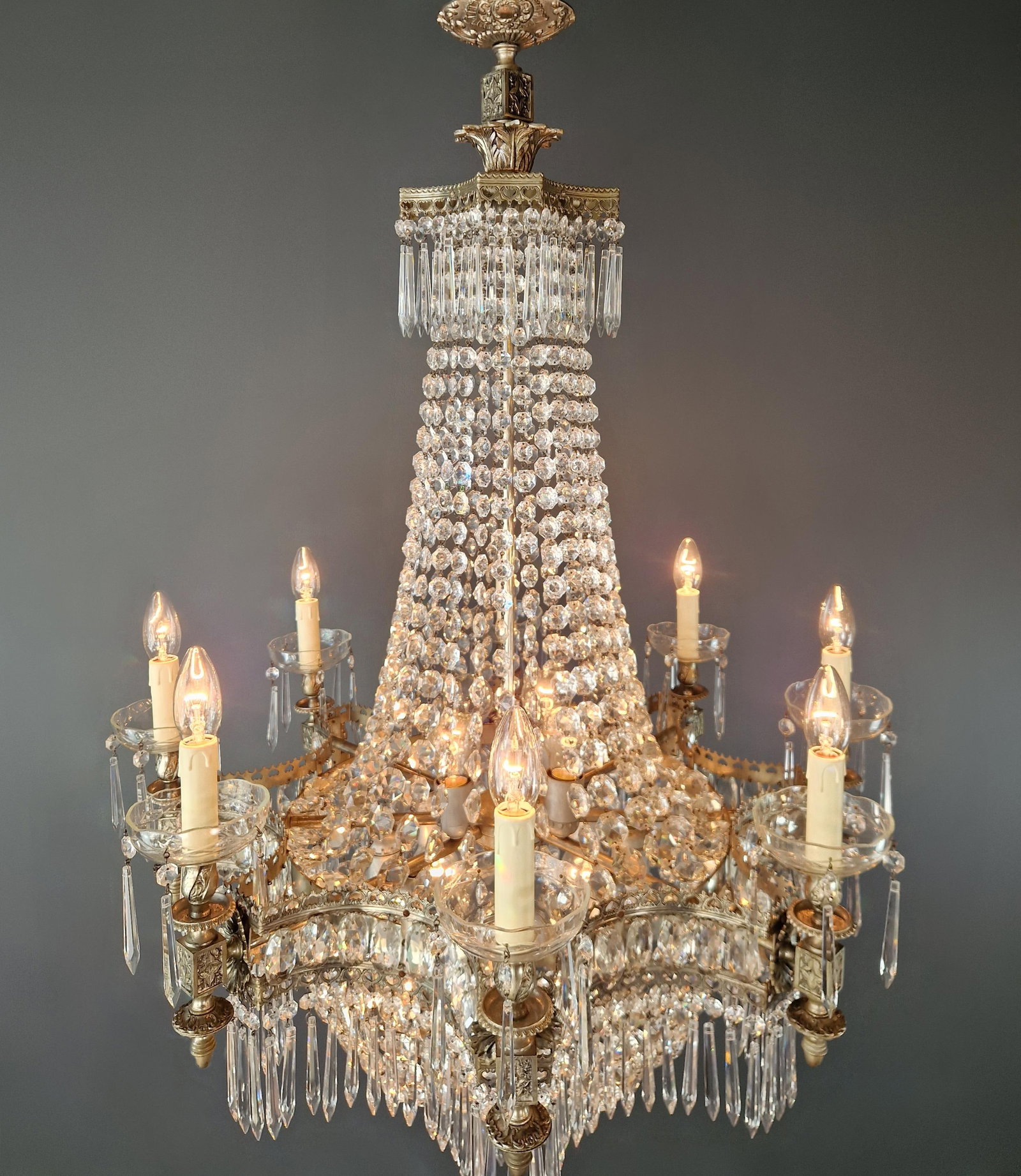 1930s Art Deco Crystal Chandelier Silver Serpentine Form Restored Antique Brass - 15