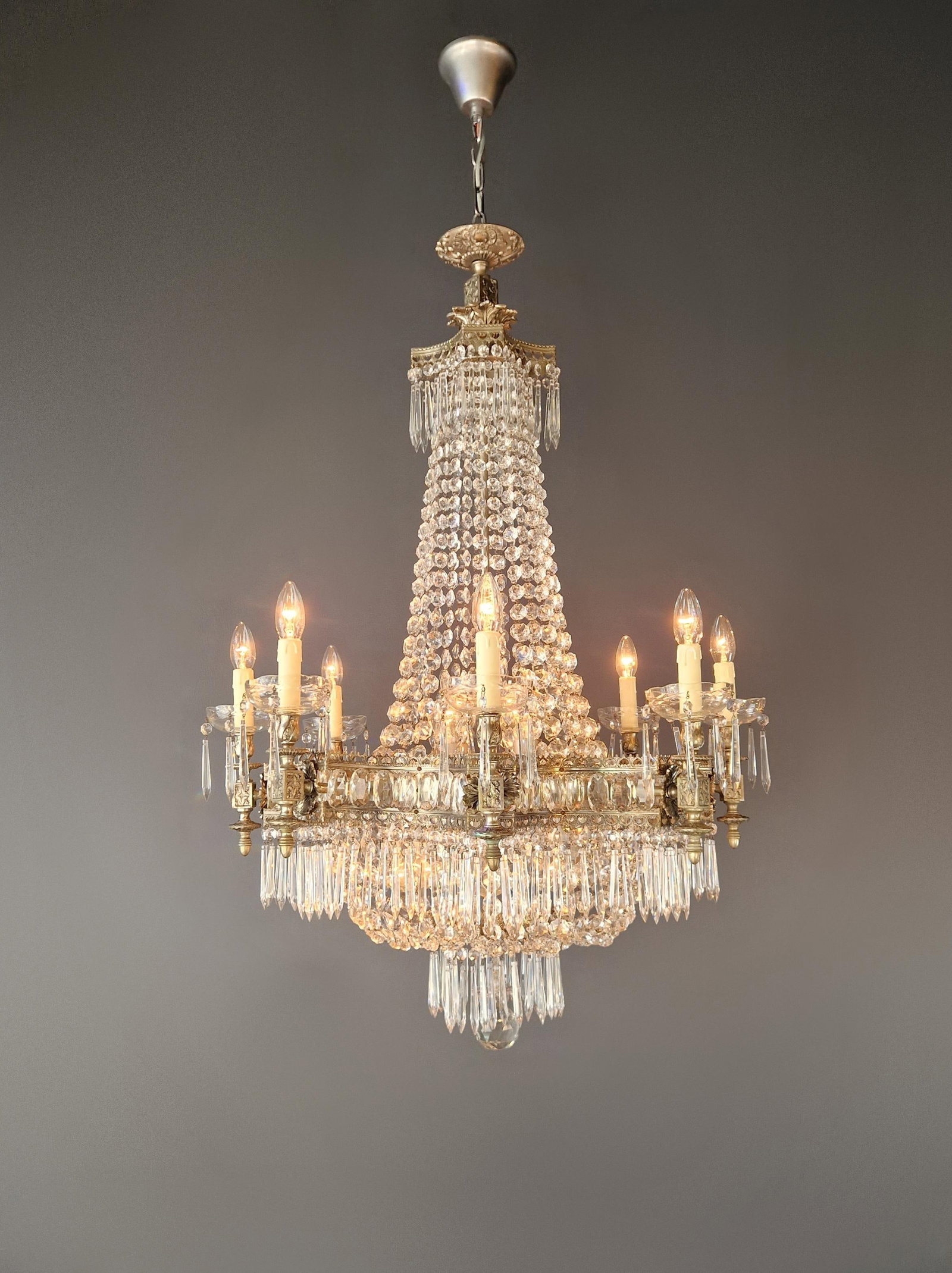 1930s Art Deco Crystal Chandelier Silver Serpentine Form Restored Antique Brass - 2