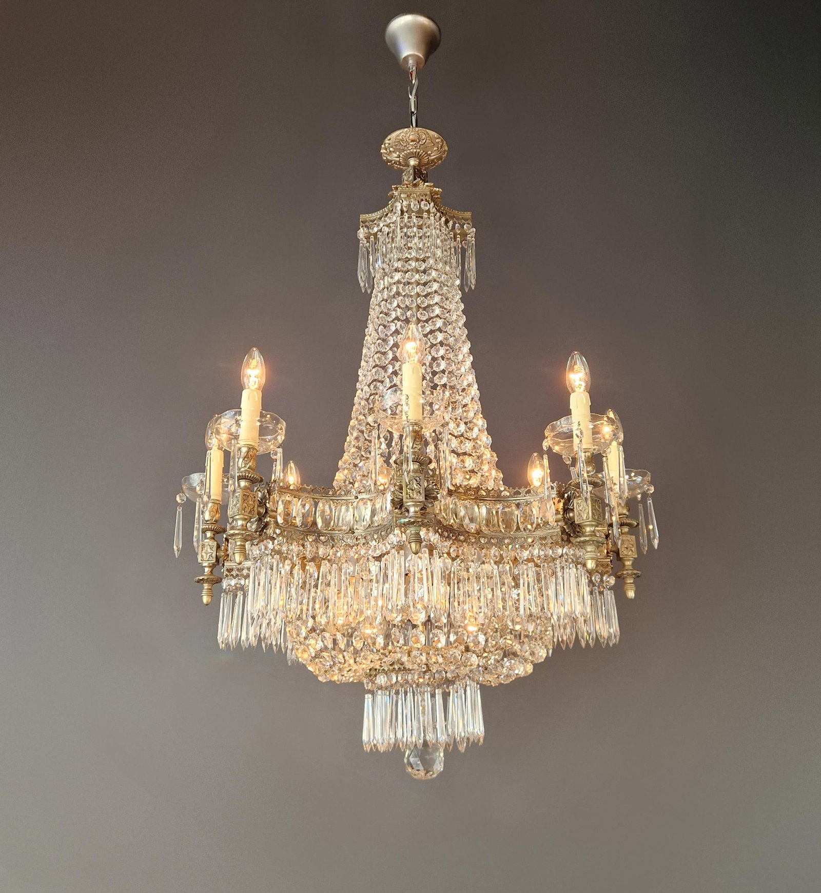 1930s Art Deco Crystal Chandelier Silver Serpentine Form Restored Antique Brass - 3