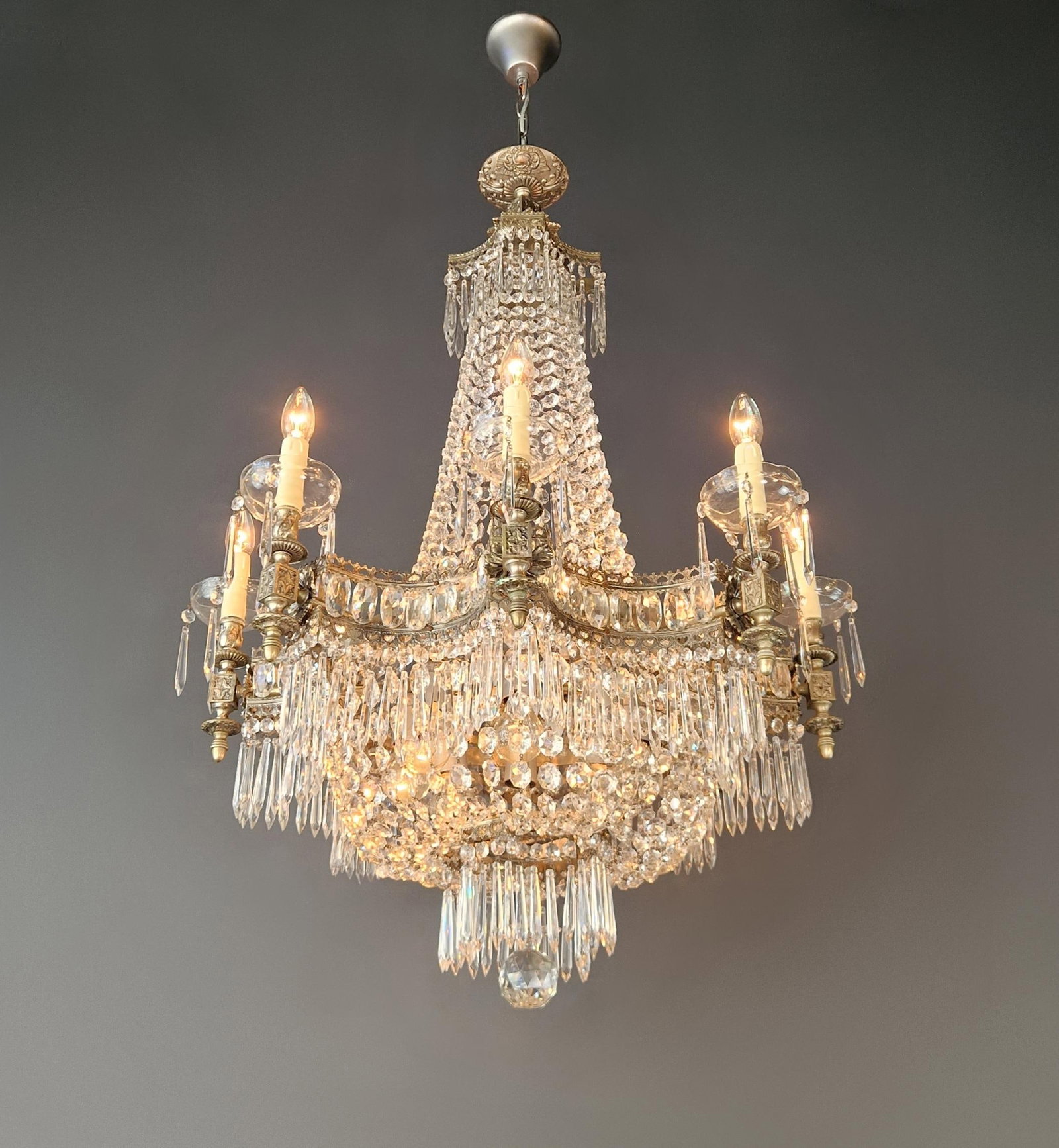 1930s Art Deco Crystal Chandelier Silver Serpentine Form Restored Antique Brass - 4