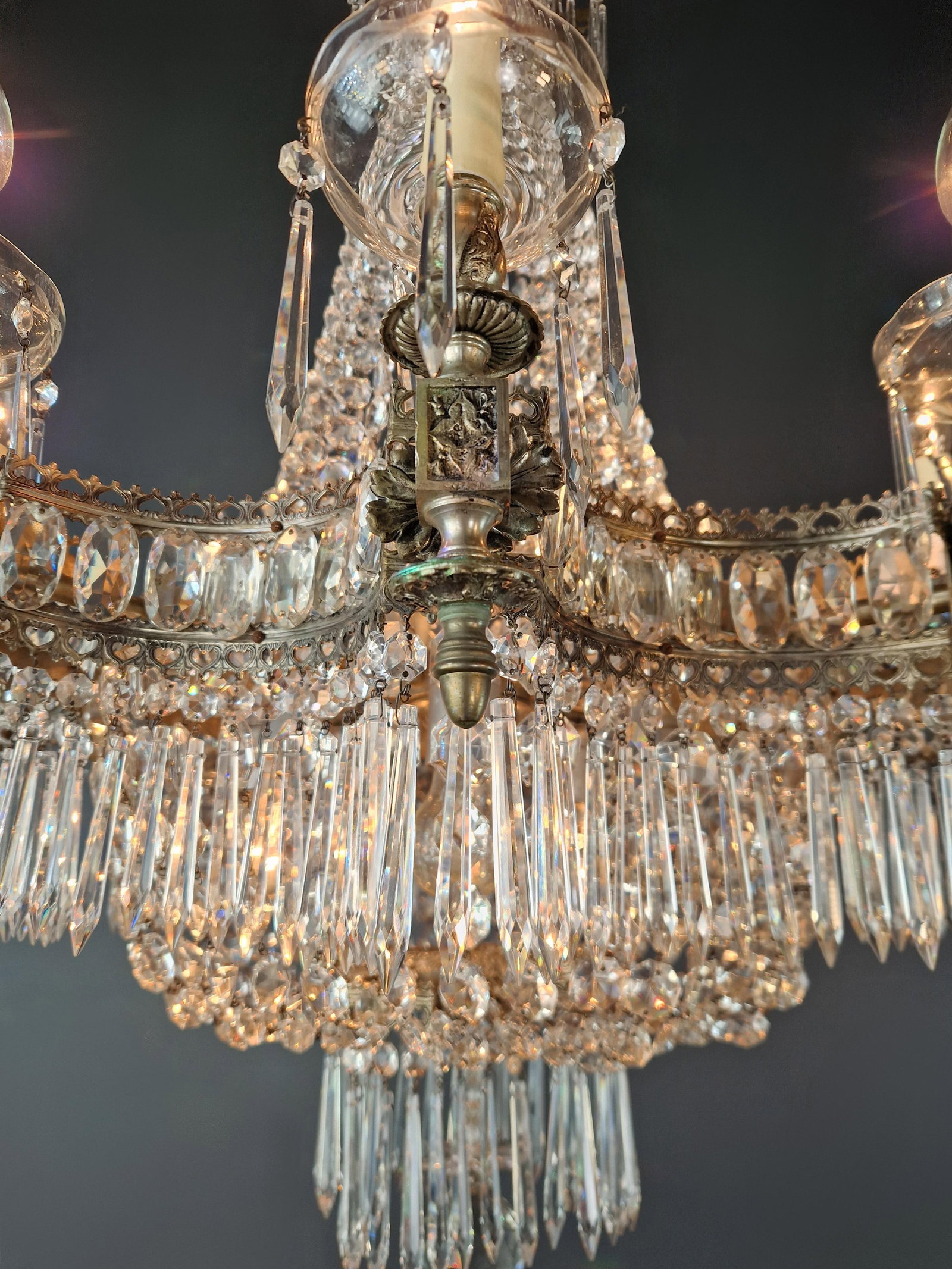 1930s Art Deco Crystal Chandelier Silver Serpentine Form Restored Antique Brass - 5