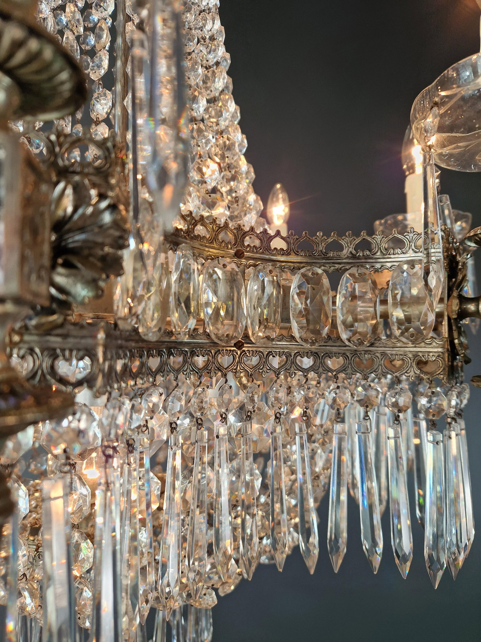 1930s Art Deco Crystal Chandelier Silver Serpentine Form Restored Antique Brass - 6