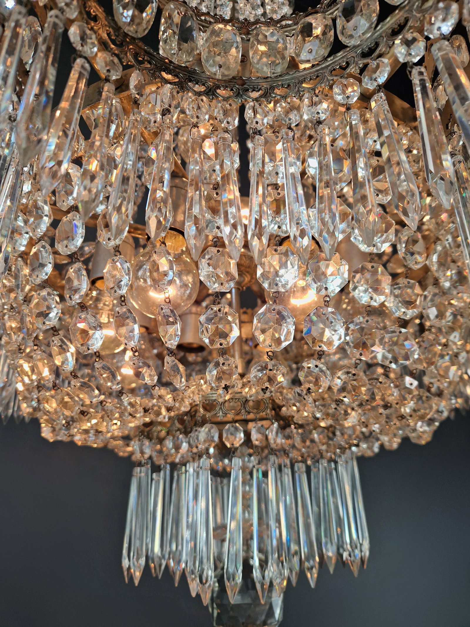 1930s Art Deco Crystal Chandelier Silver Serpentine Form Restored Antique Brass - 7